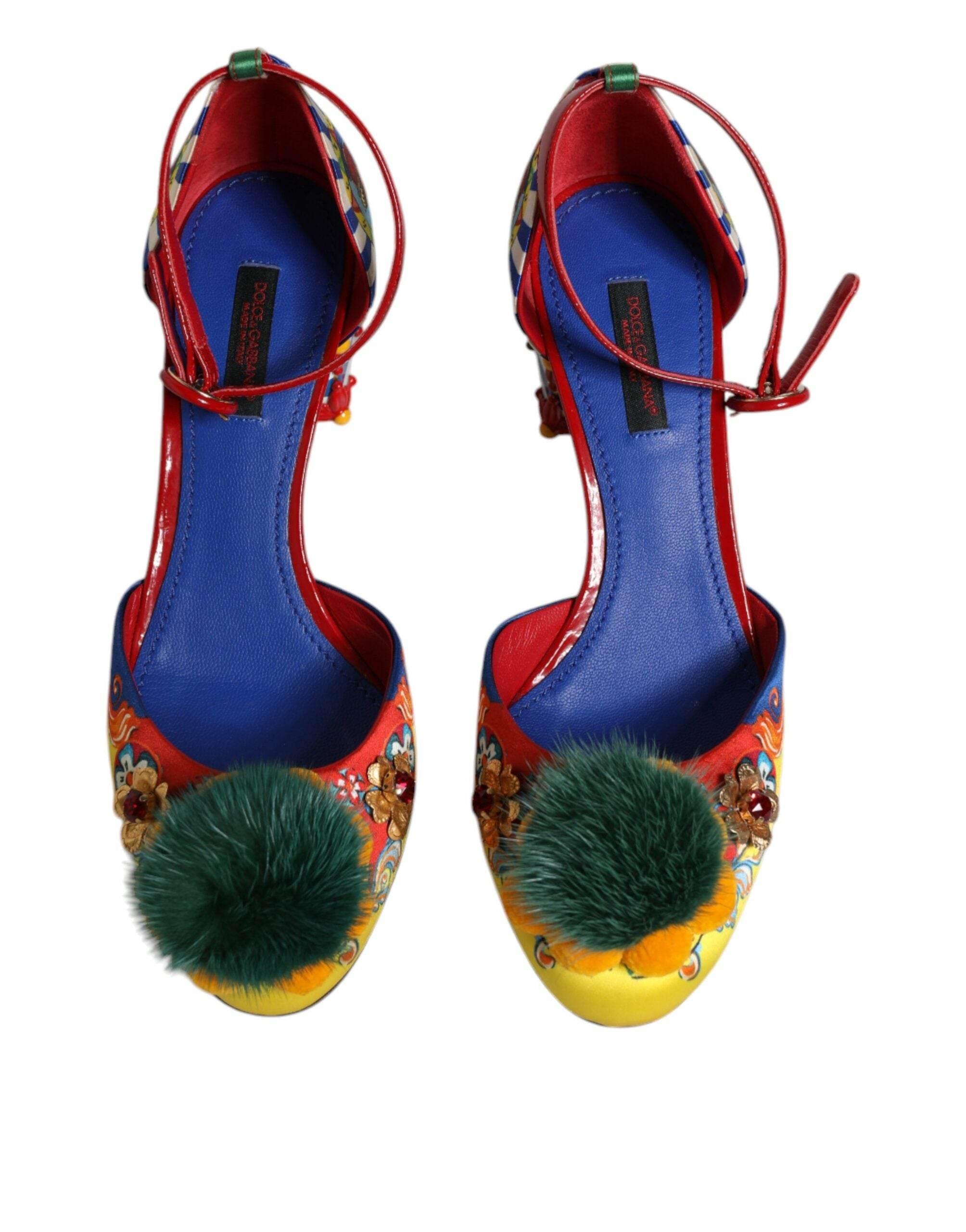 Dolce & Gabbana Multicolor Carretto Crystal Fur Sandals Shoes - Hilstor