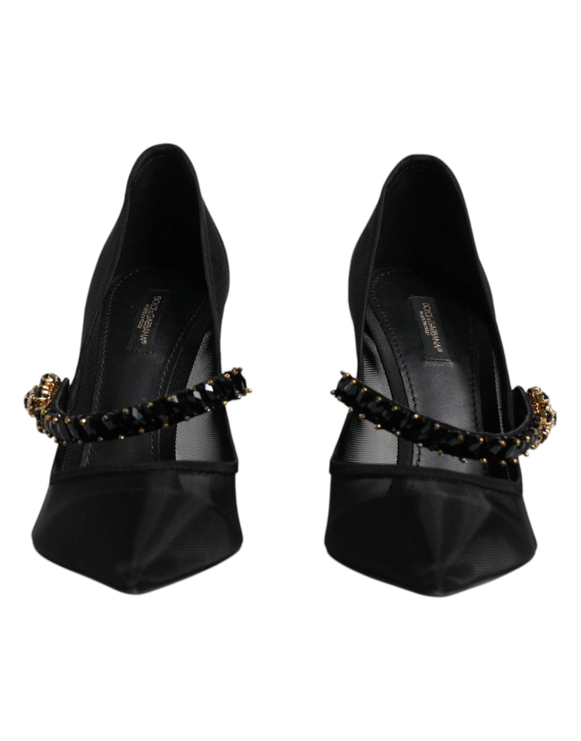 Dolce & Gabbana Black Mesh Mary Jane Crystal Heel Pump Shoes - Hilstor
