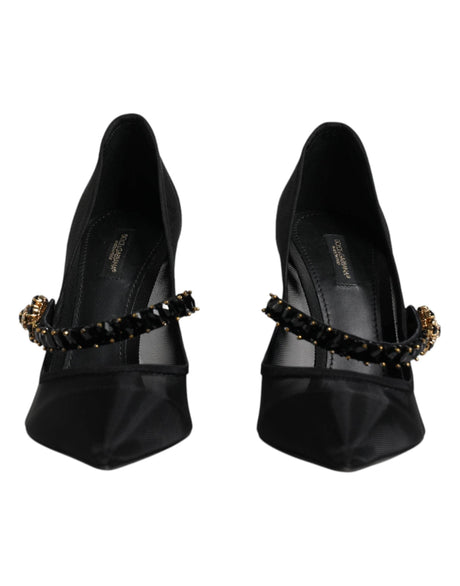 Dolce & Gabbana Black Mesh Mary Jane Crystal Heel Pump Shoes - Hilstor