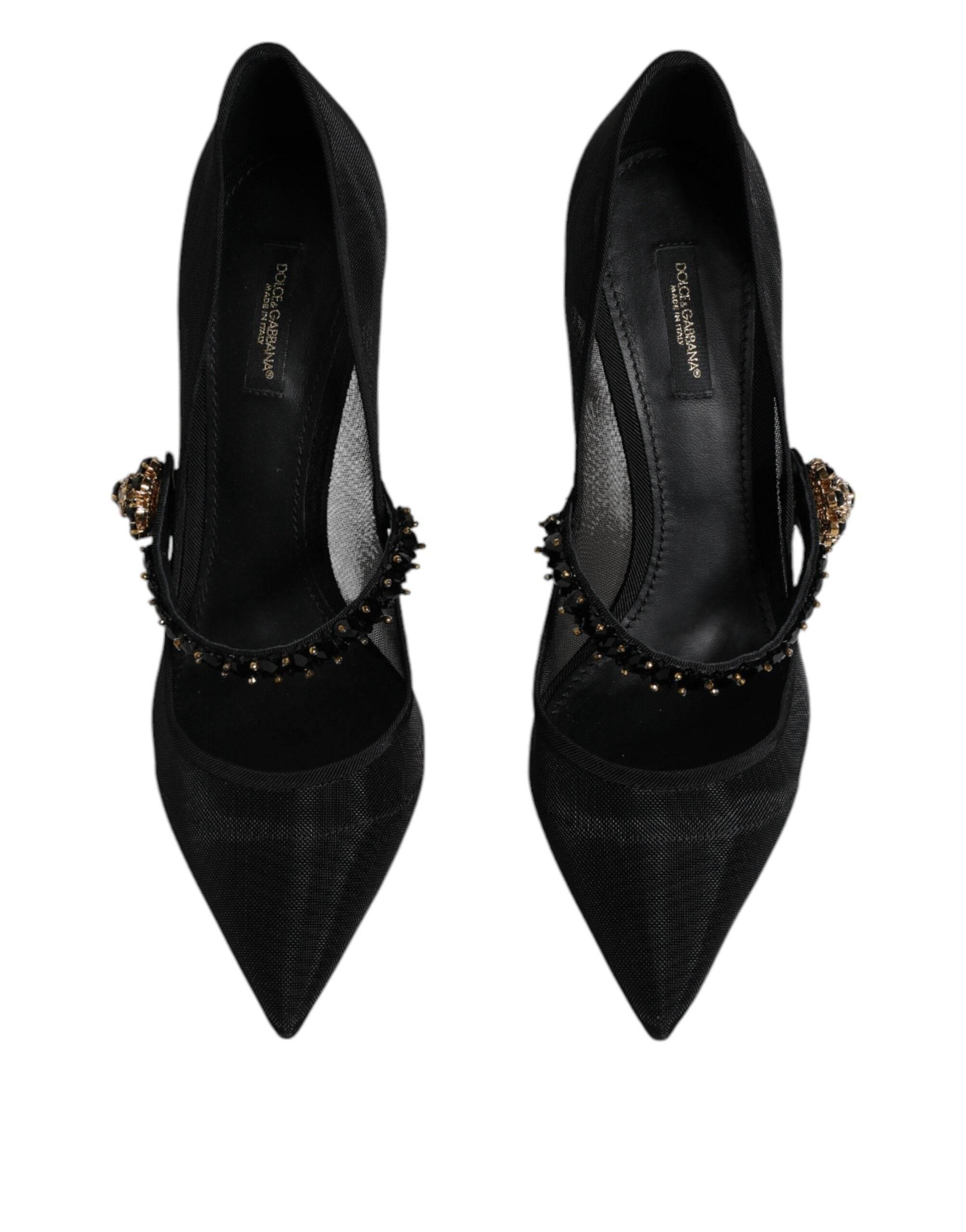 Dolce & Gabbana Black Mesh Mary Jane Crystal Heel Pump Shoes - Hilstor