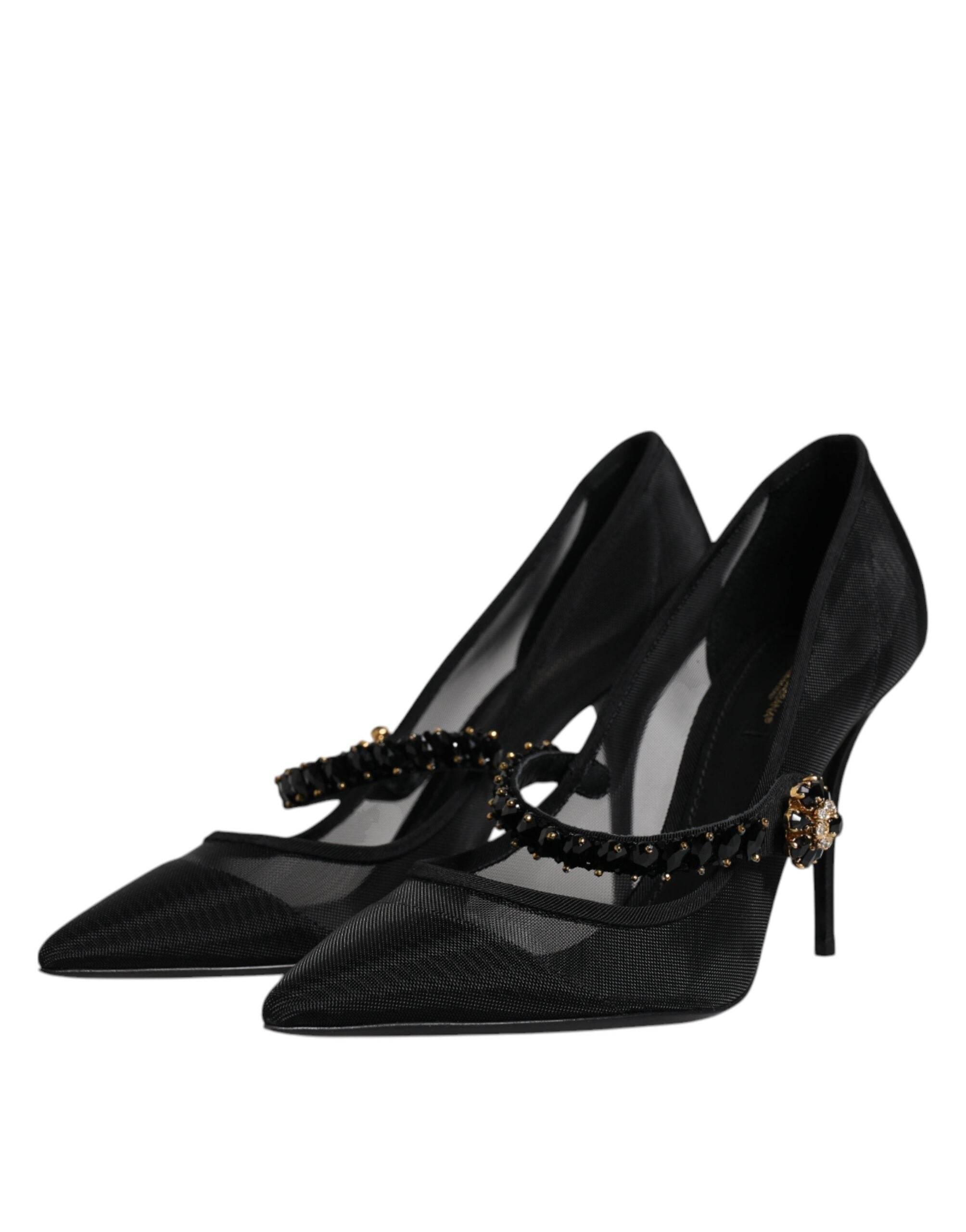 Dolce & Gabbana Black Mesh Mary Jane Crystal Heel Pump Shoes - Hilstor