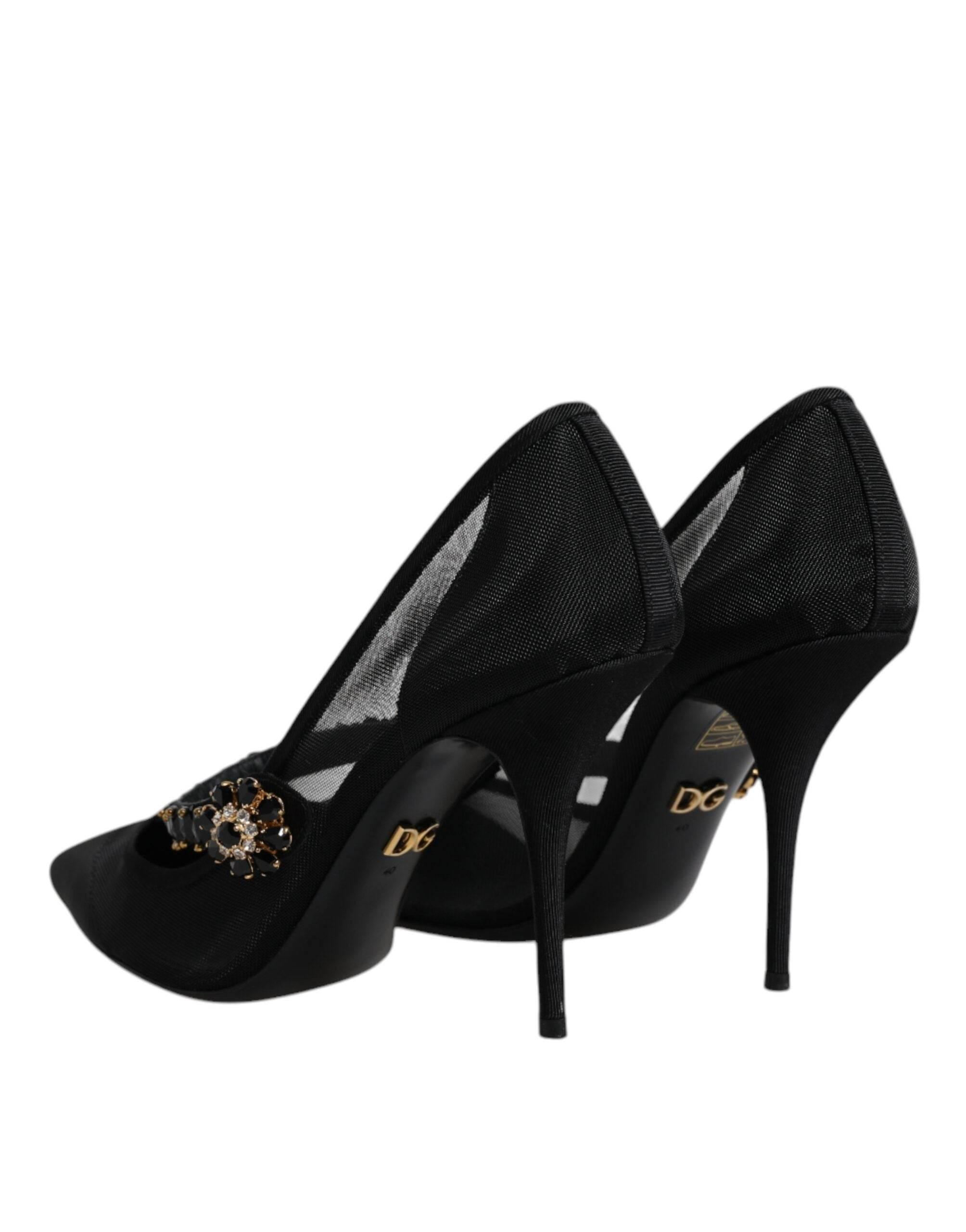 Dolce & Gabbana Black Mesh Mary Jane Crystal Heel Pump Shoes - Hilstor
