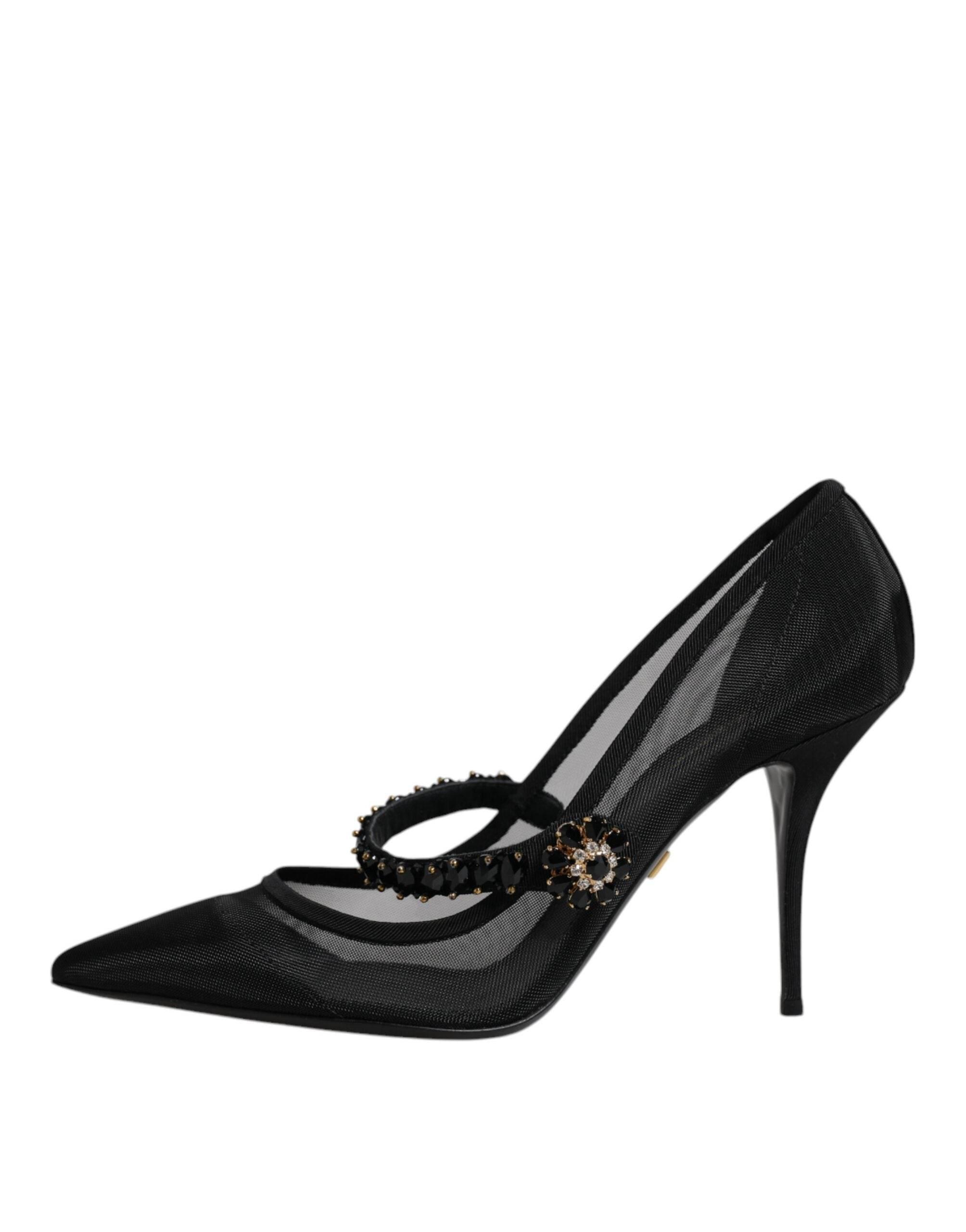 Dolce & Gabbana Black Mesh Mary Jane Crystal Heel Pump Shoes - Hilstor