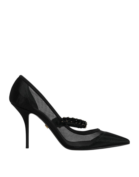 Dolce & Gabbana Black Mesh Mary Jane Crystal Heel Pump Shoes - Hilstor