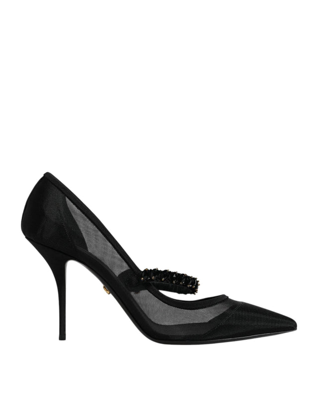 Dolce & Gabbana Black Mesh Mary Jane Crystal Heel Pump Shoes - Hilstor