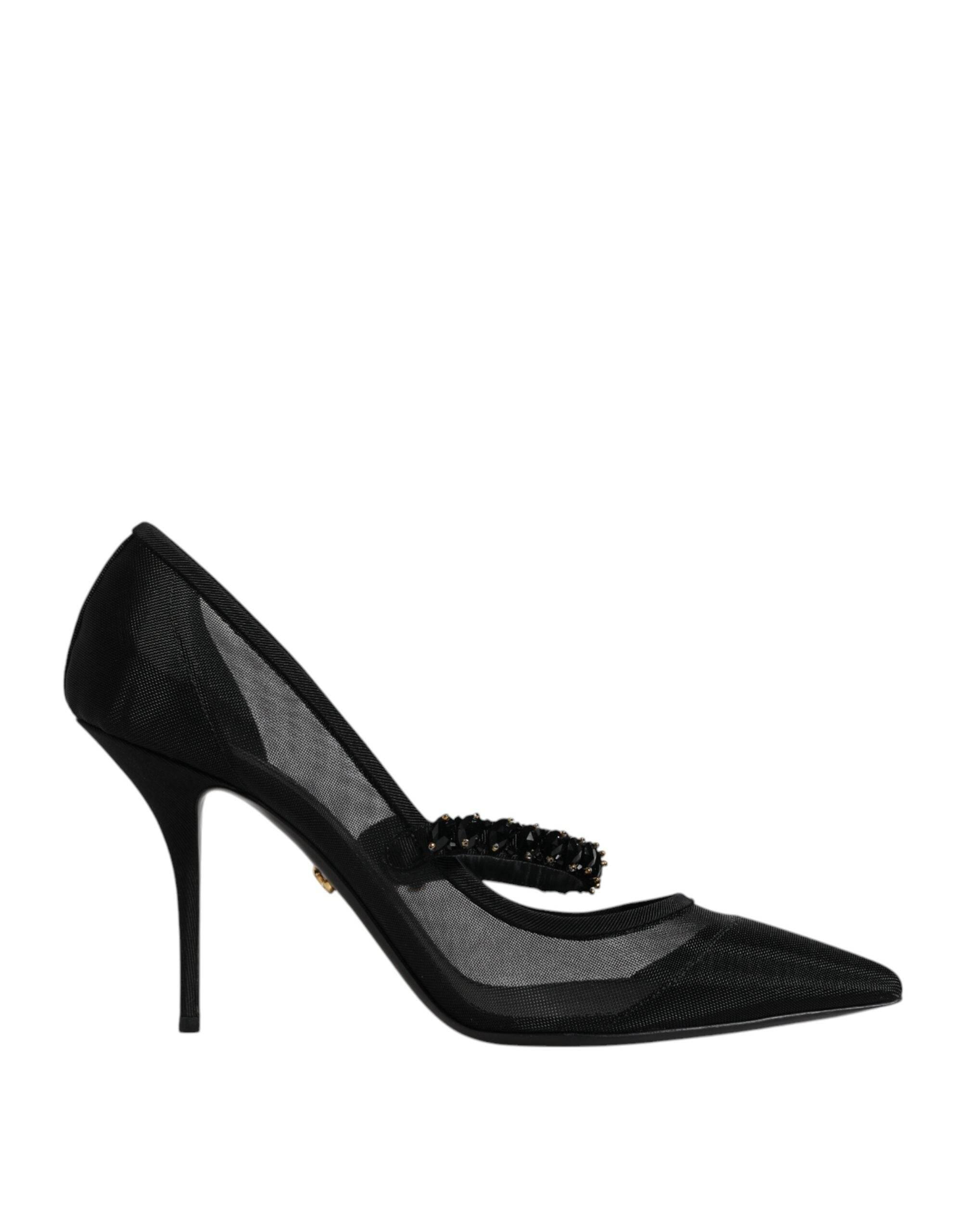 Dolce & Gabbana Black Mesh Mary Jane Crystal Heel Pump Shoes - Hilstor