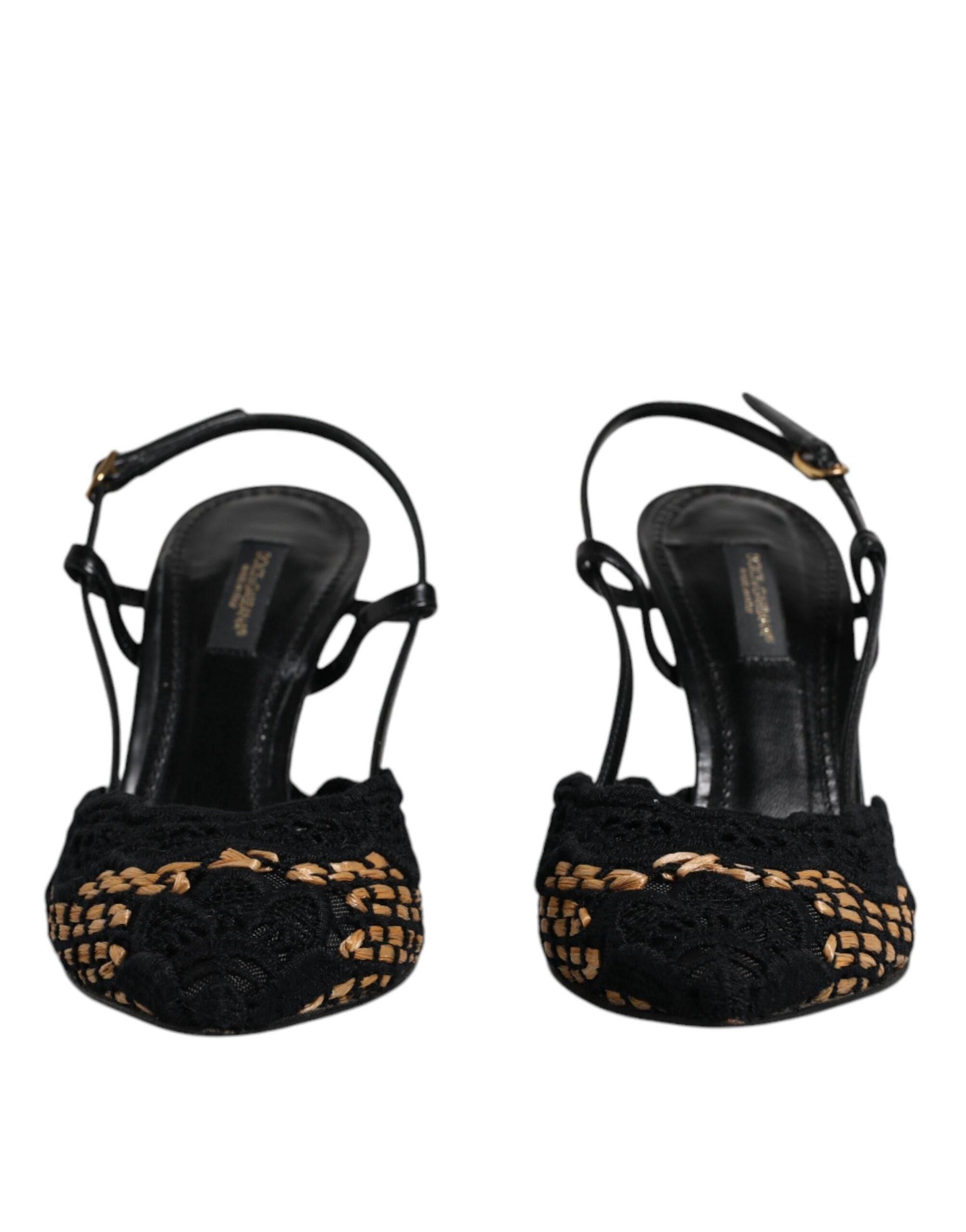 Dolce & Gabbana Black Brown Lace High Heels Slingback Shoes - Hilstor