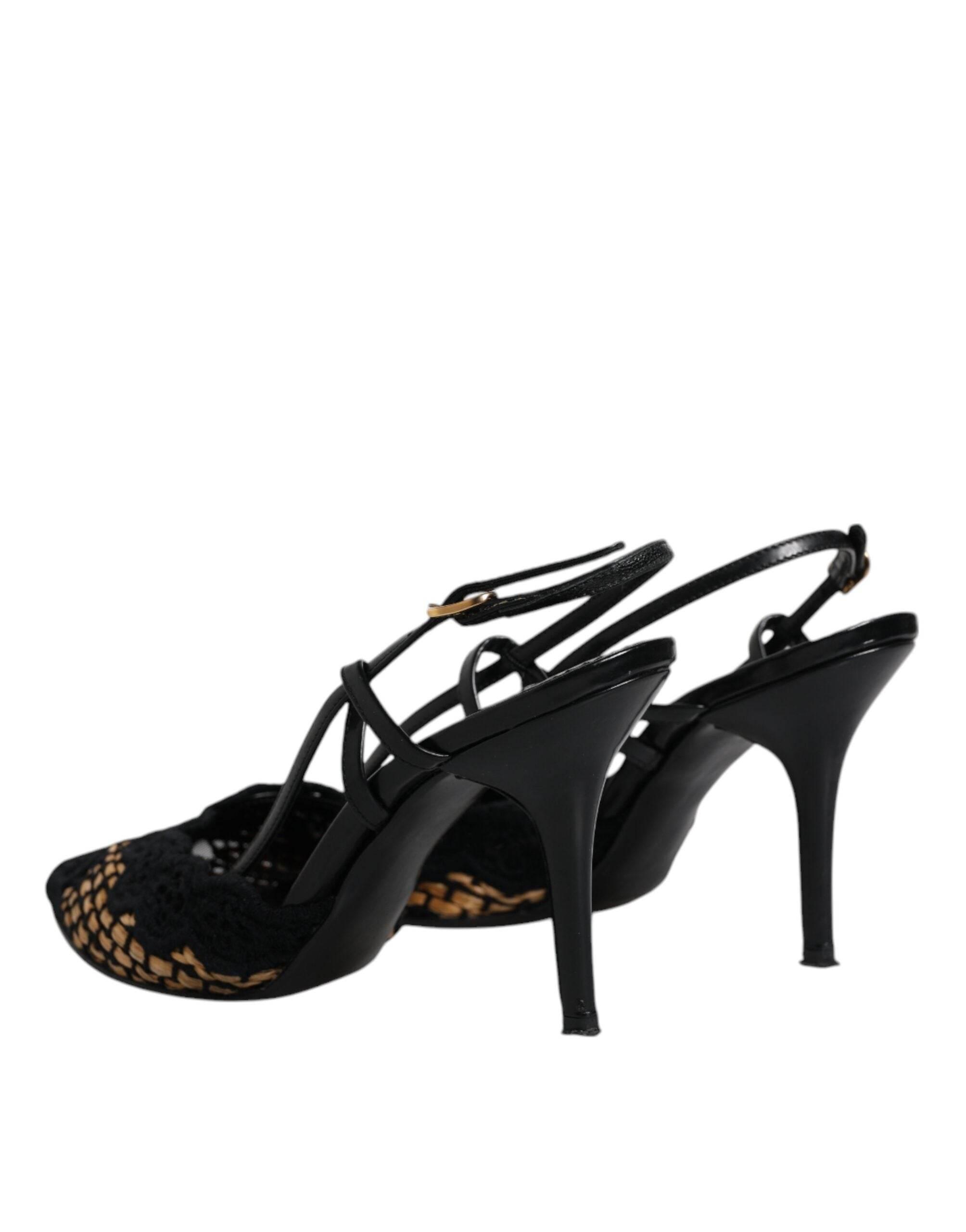 Dolce & Gabbana Black Brown Lace High Heels Slingback Shoes - Hilstor