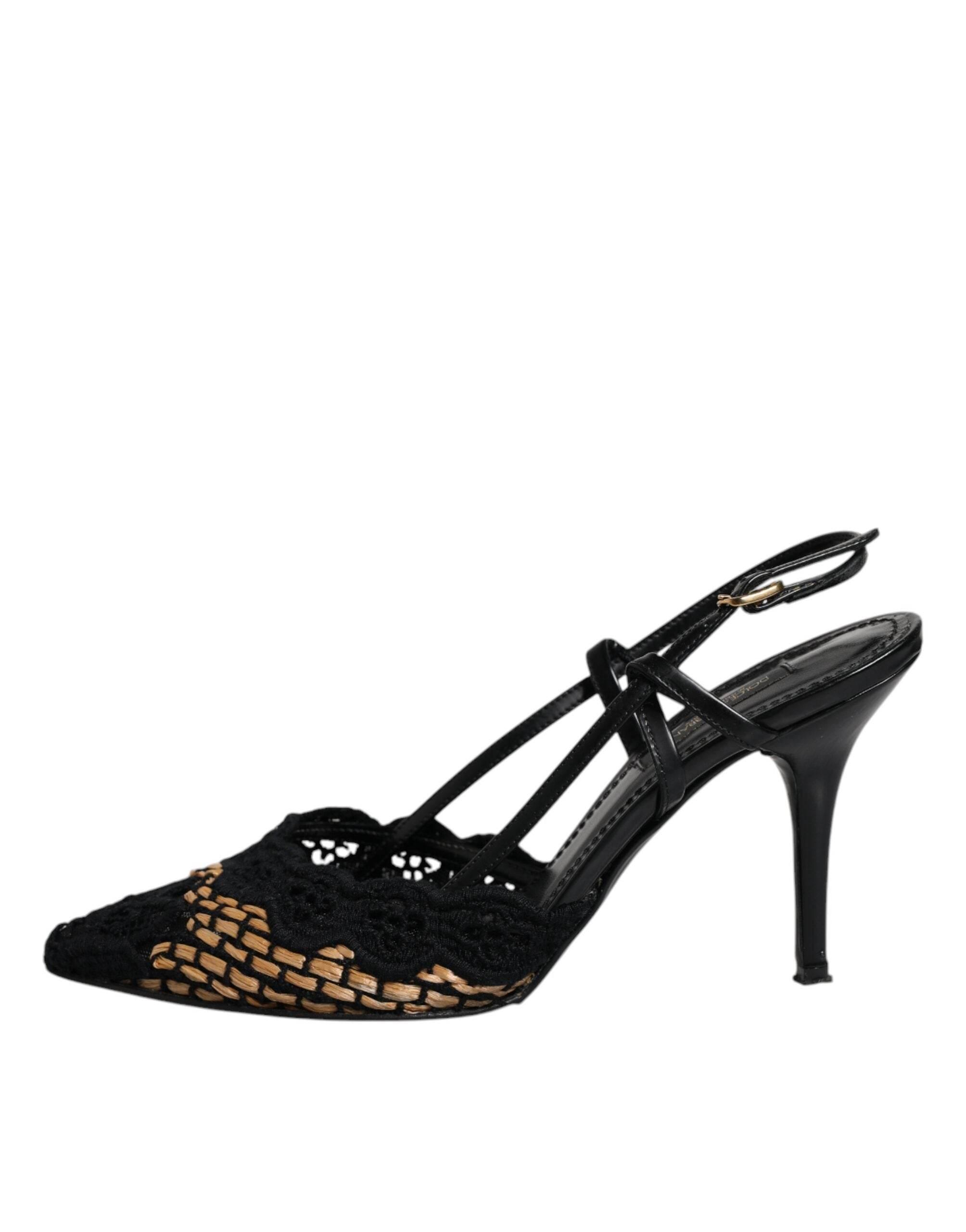 Dolce & Gabbana Black Brown Lace High Heels Slingback Shoes - Hilstor