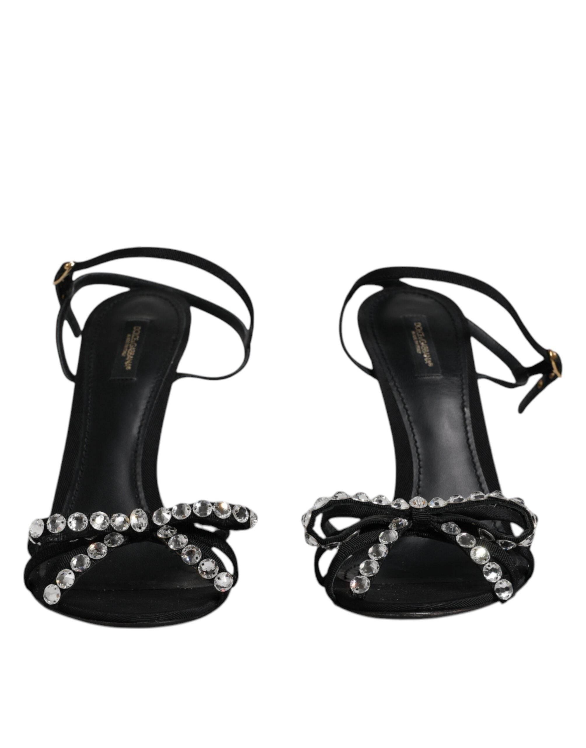 Dolce & Gabbana Black Leather Crystal Heels Sandals Shoes - Hilstor