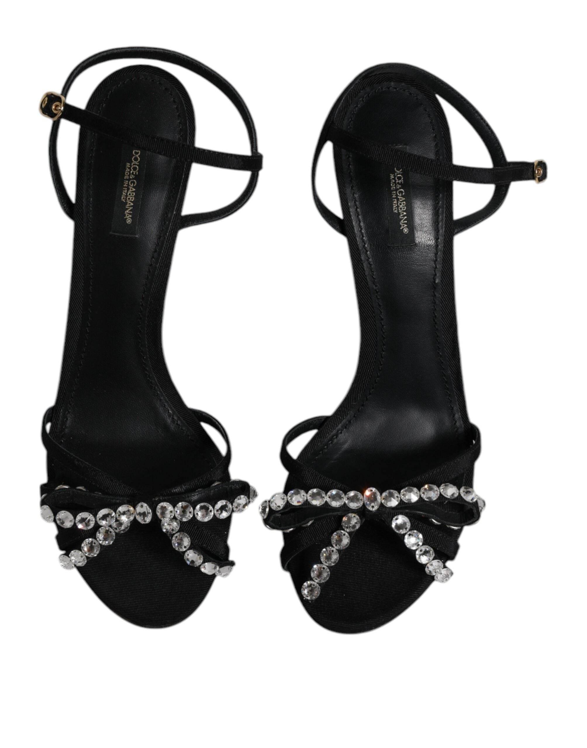 Dolce & Gabbana Black Leather Crystal Heels Sandals Shoes - Hilstor