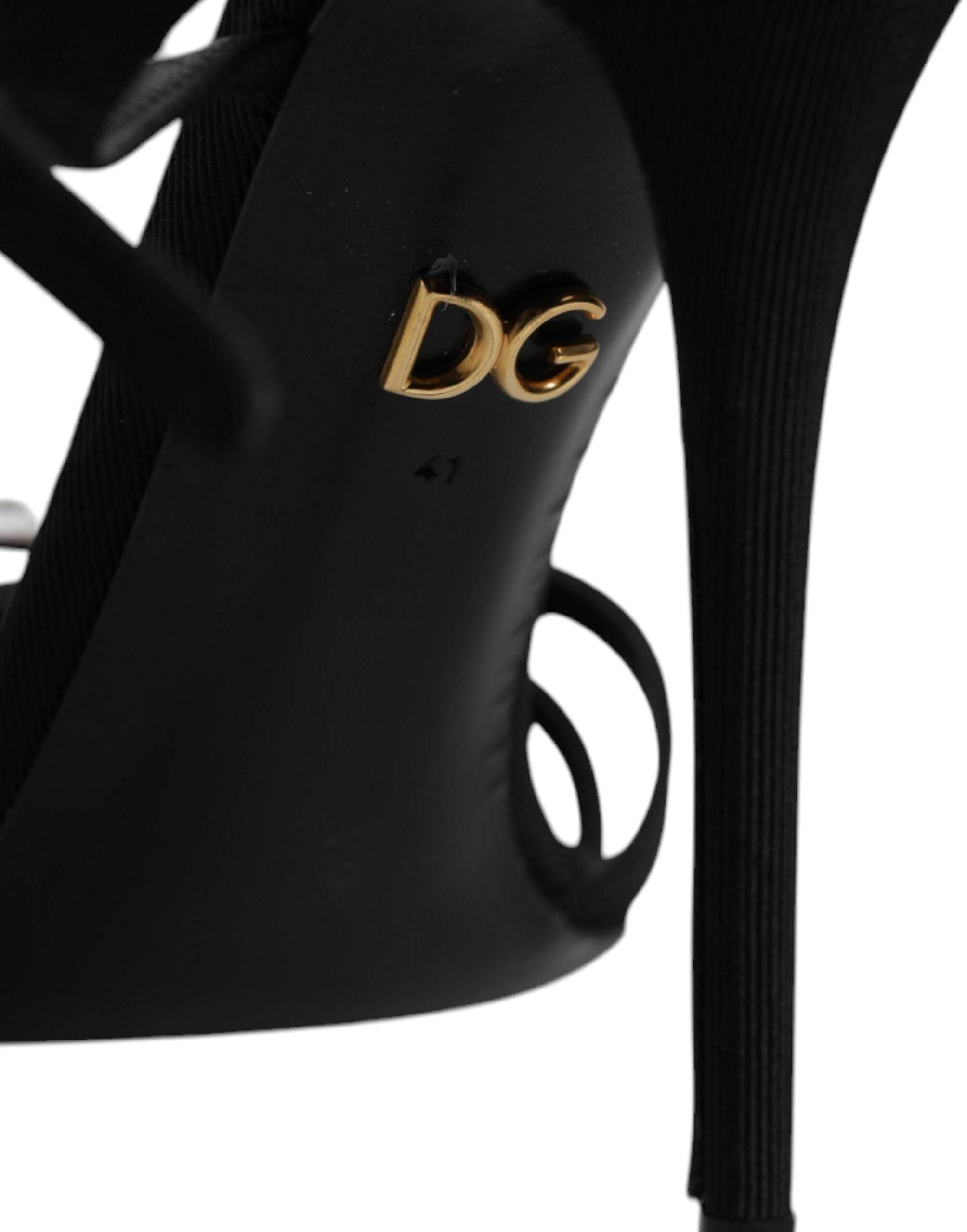 Dolce & Gabbana Black Leather Crystal Heels Sandals Shoes - Hilstor
