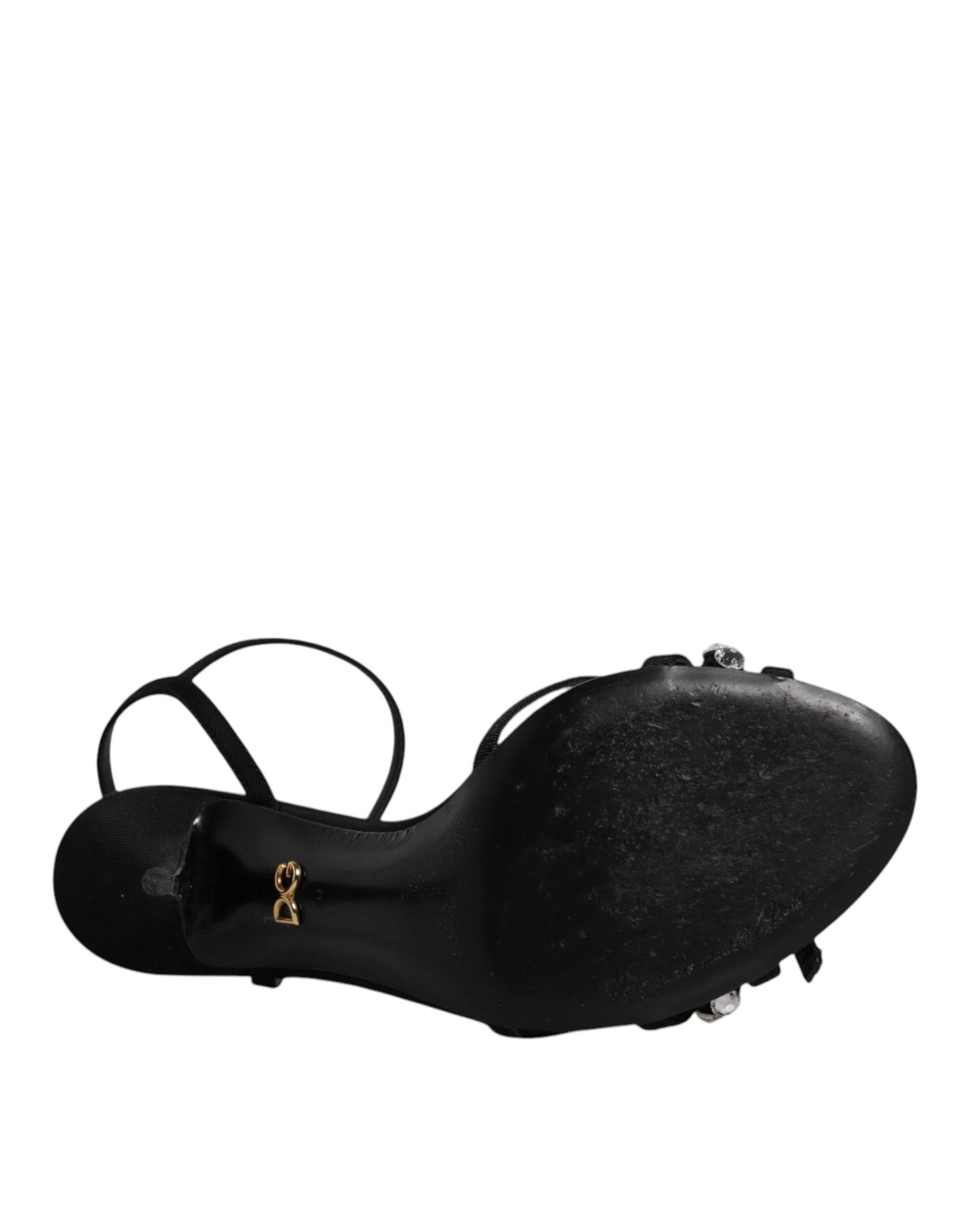 Dolce & Gabbana Black Leather Crystal Heels Sandals Shoes - Hilstor