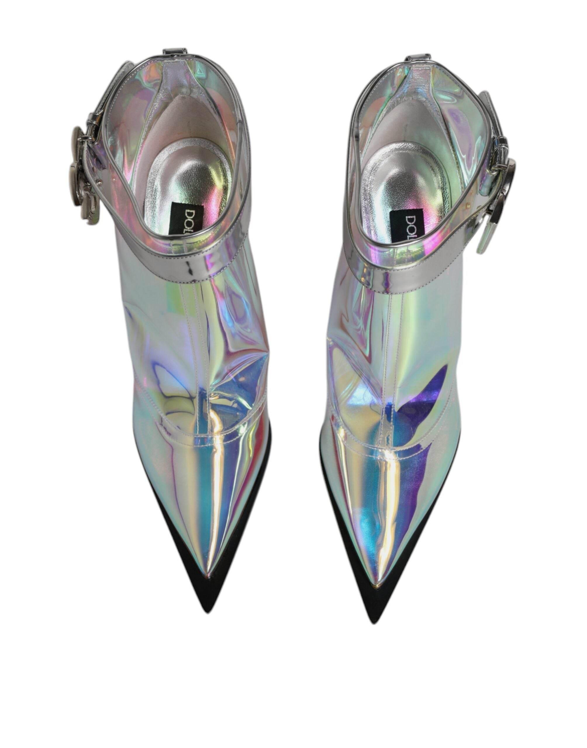 Dolce & Gabbana Shoes Silver Iridescent Pointed Short Boots - Hilstor