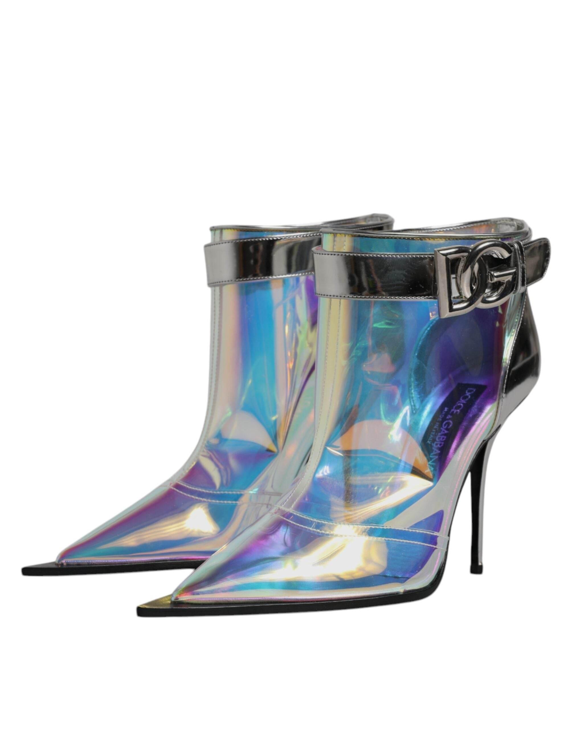 Dolce & Gabbana Shoes Silver Iridescent Pointed Short Boots - Hilstor