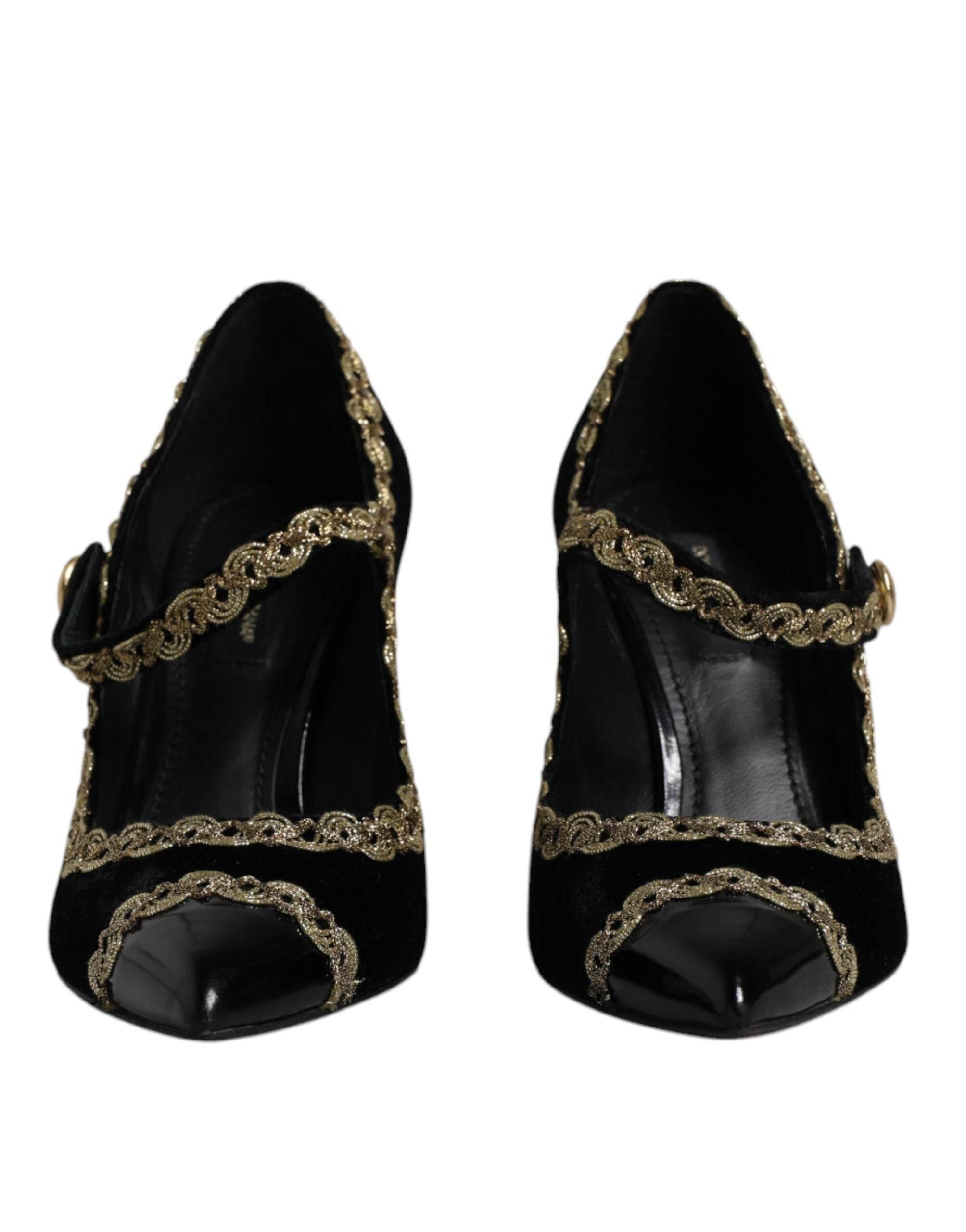Dolce & Gabbana Black Velvet Gold Mary Janes Pumps Shoes - Hilstor