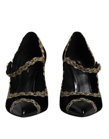Dolce & Gabbana Black Velvet Gold Mary Janes Pumps Shoes - Hilstor