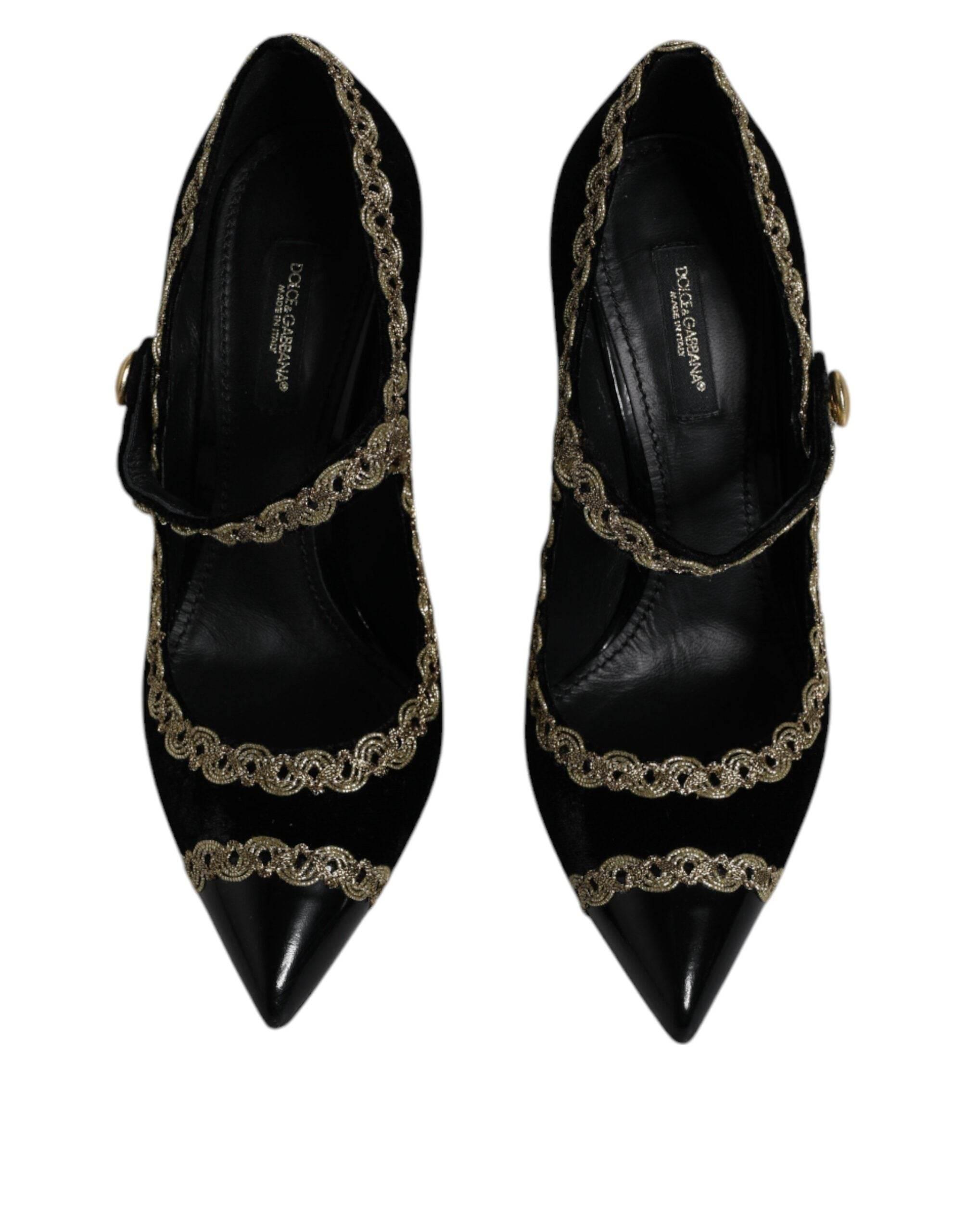 Dolce & Gabbana Black Velvet Gold Mary Janes Pumps Shoes - Hilstor