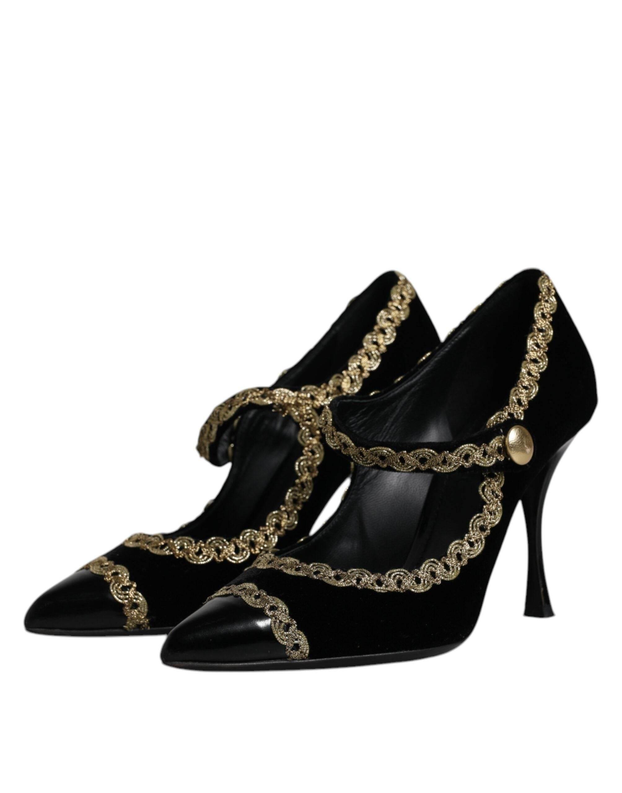 Dolce & Gabbana Black Velvet Gold Mary Janes Pumps Shoes - Hilstor