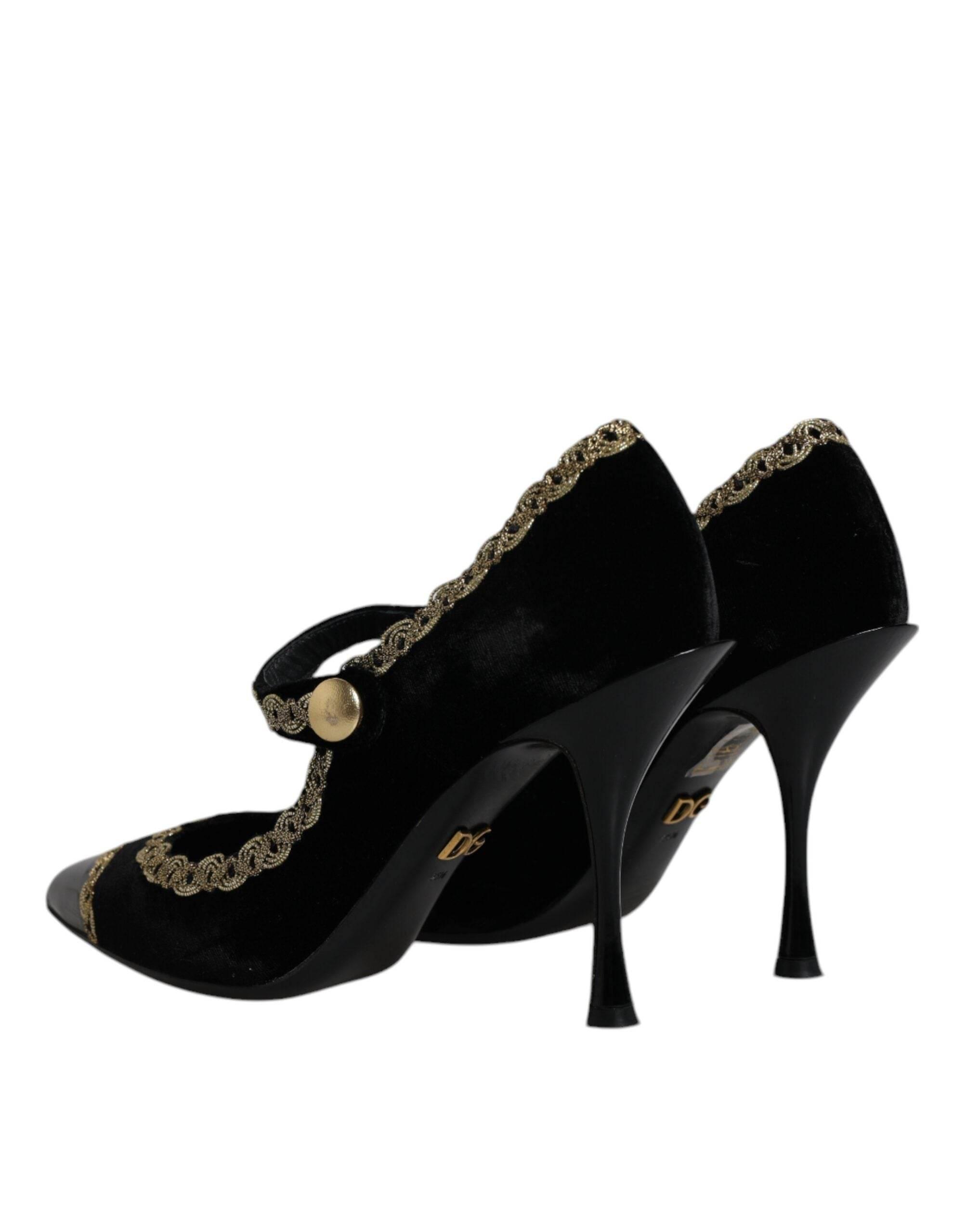 Dolce & Gabbana Black Velvet Gold Mary Janes Pumps Shoes - Hilstor