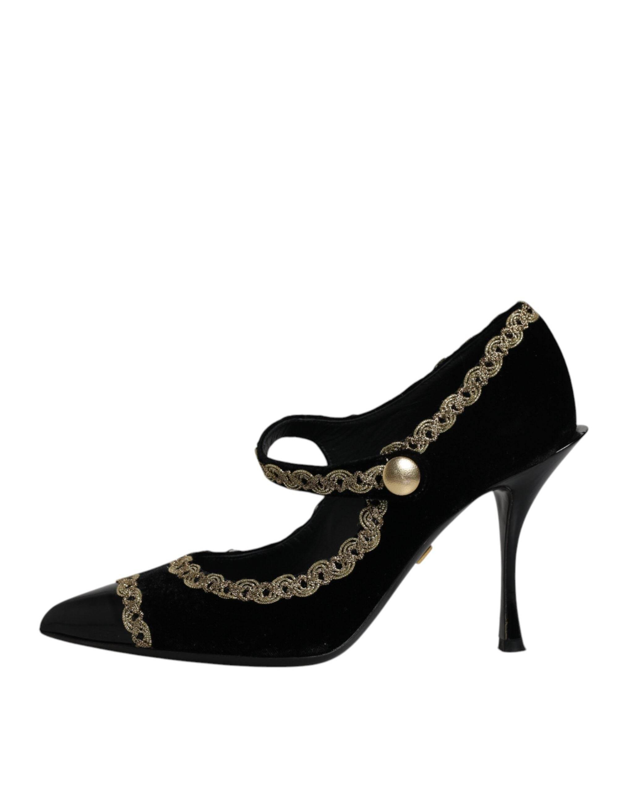 Dolce & Gabbana Black Velvet Gold Mary Janes Pumps Shoes - Hilstor