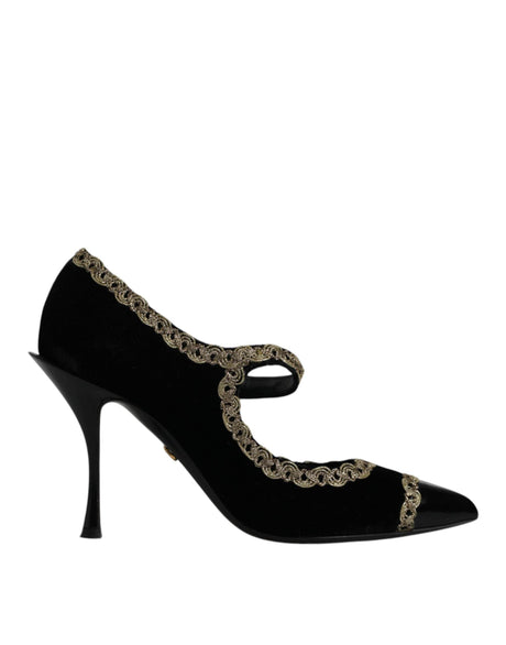 Dolce & Gabbana Black Velvet Gold Mary Janes Pumps Shoes - Hilstor