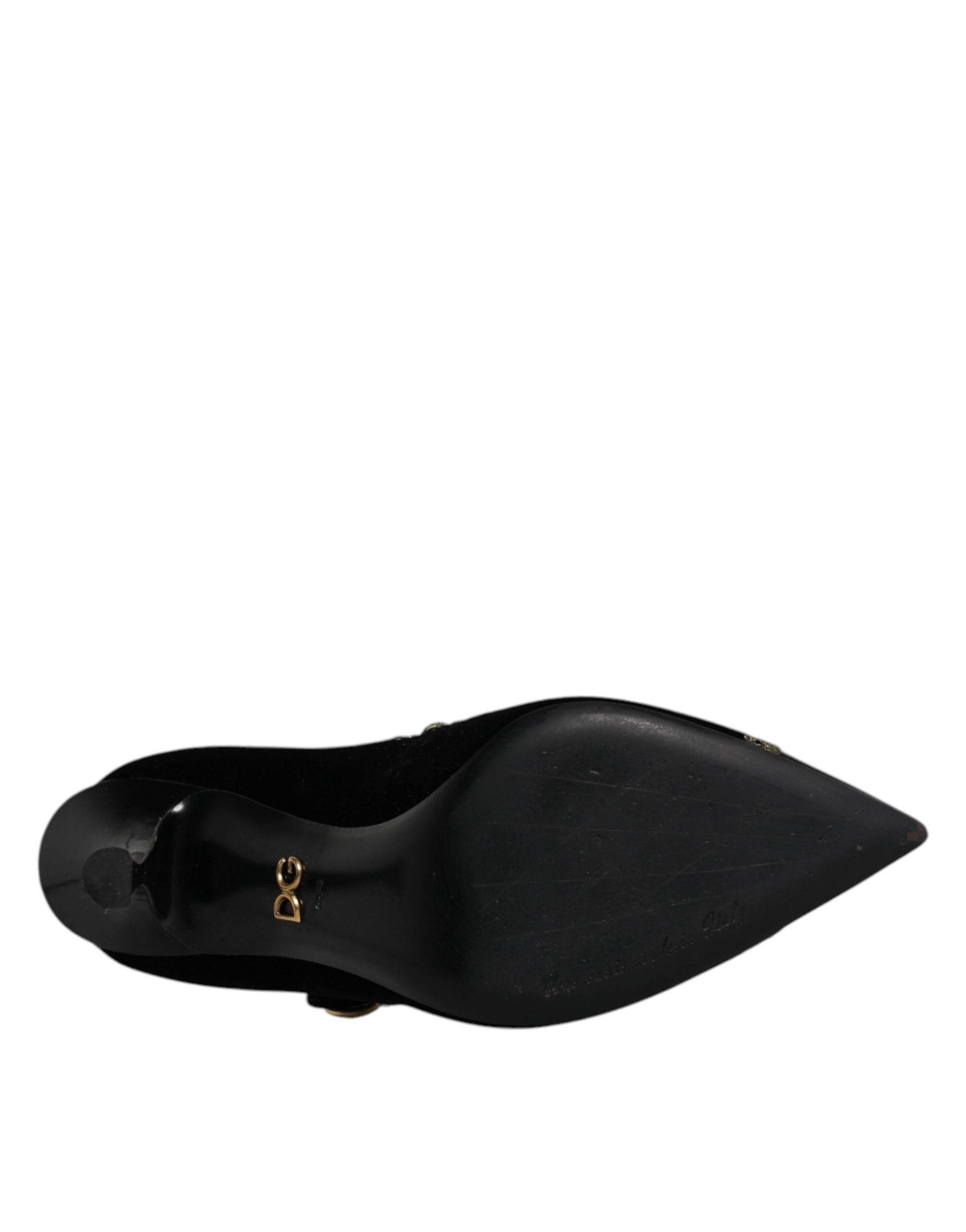 Dolce & Gabbana Black Velvet Gold Mary Janes Pumps Shoes - Hilstor