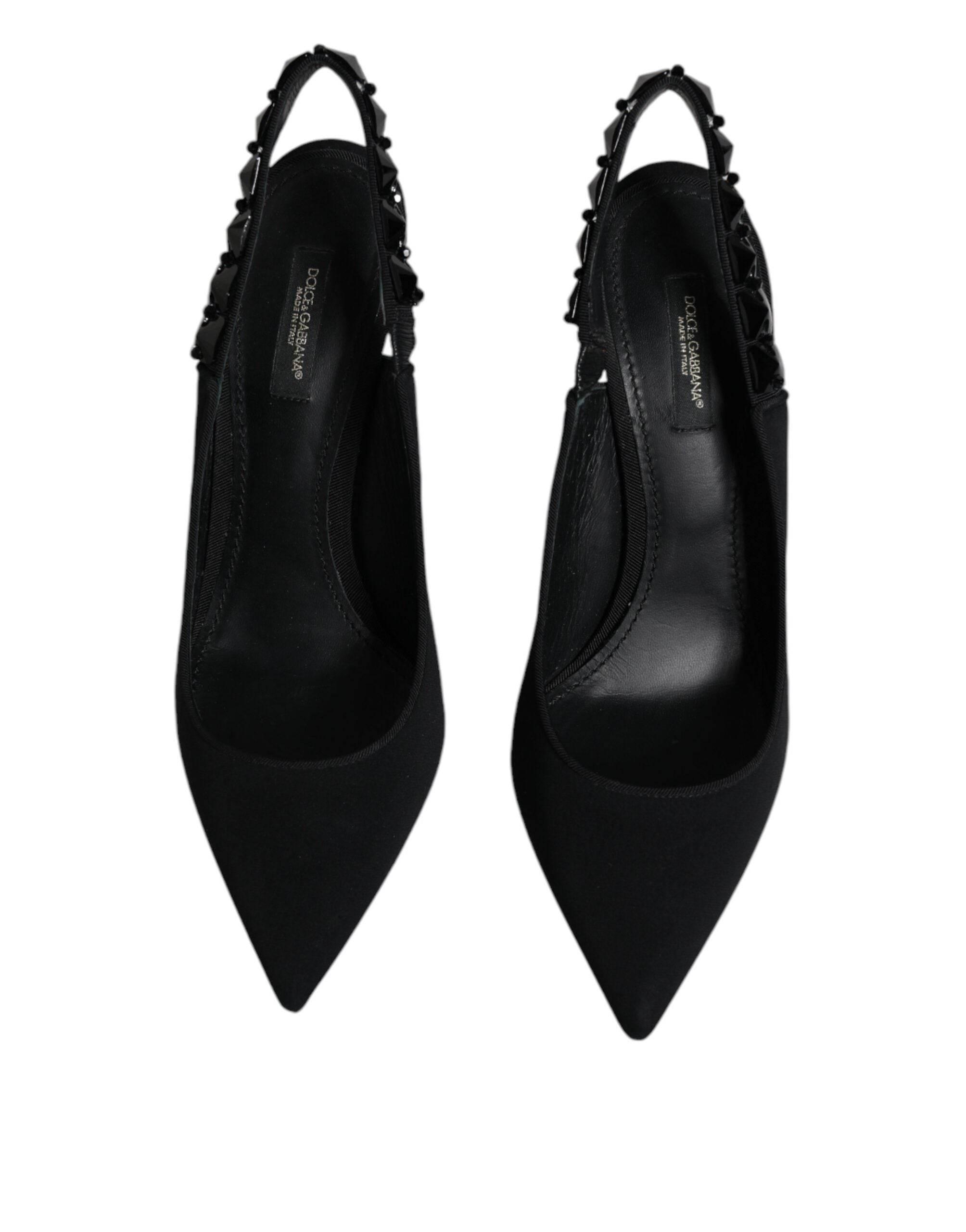 Dolce & Gabbana Black Embellished Charmeuse Slingback Shoes - Hilstor