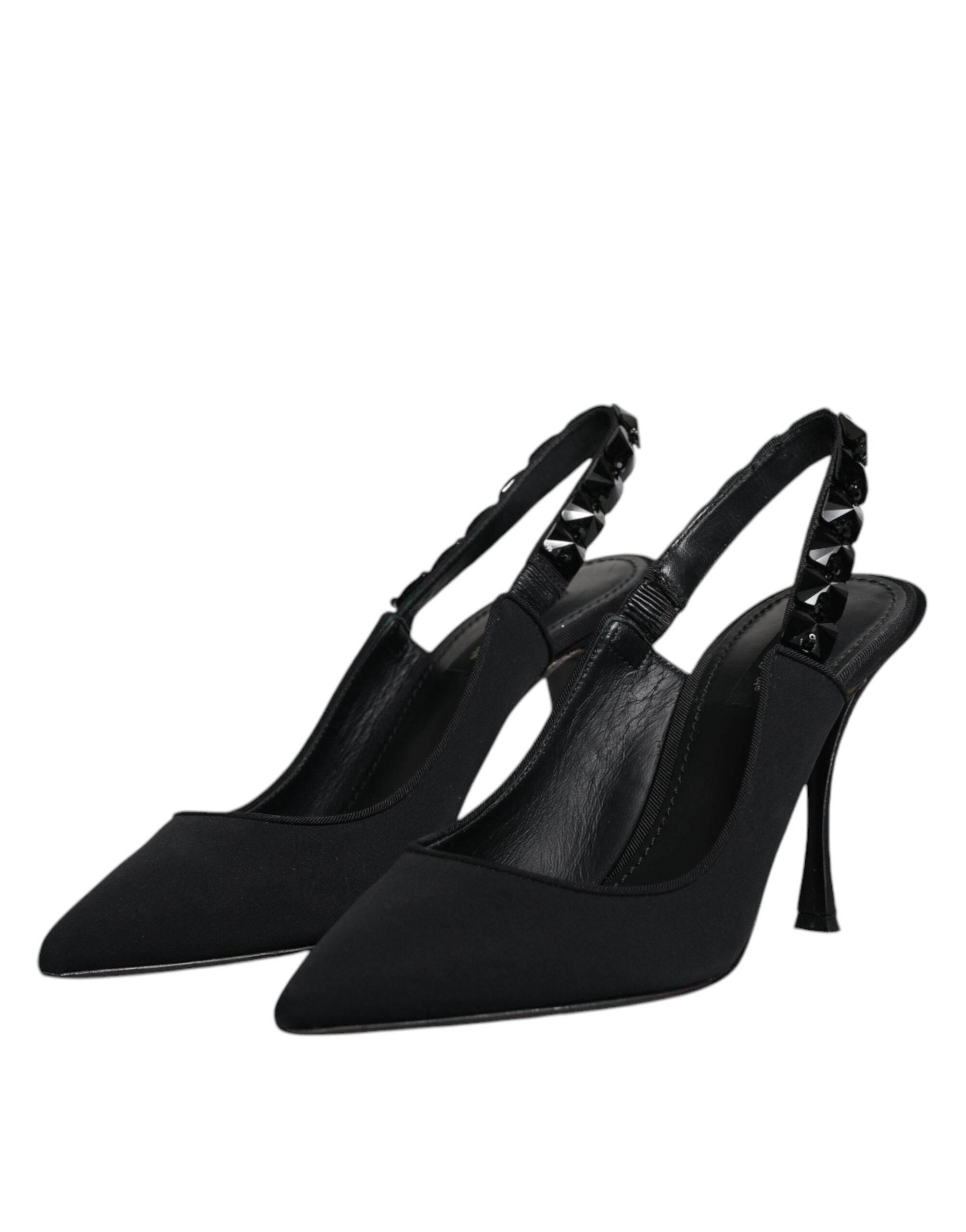 Dolce & Gabbana Black Embellished Charmeuse Slingback Shoes - Hilstor