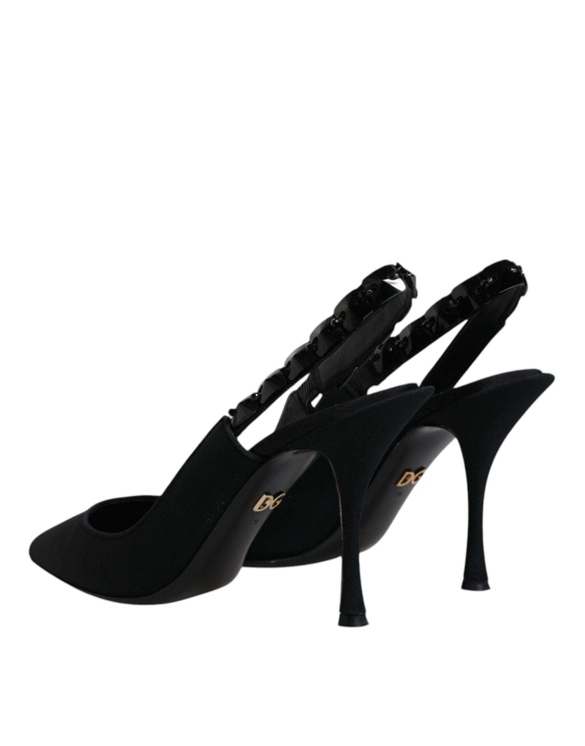 Dolce & Gabbana Black Embellished Charmeuse Slingback Shoes - Hilstor