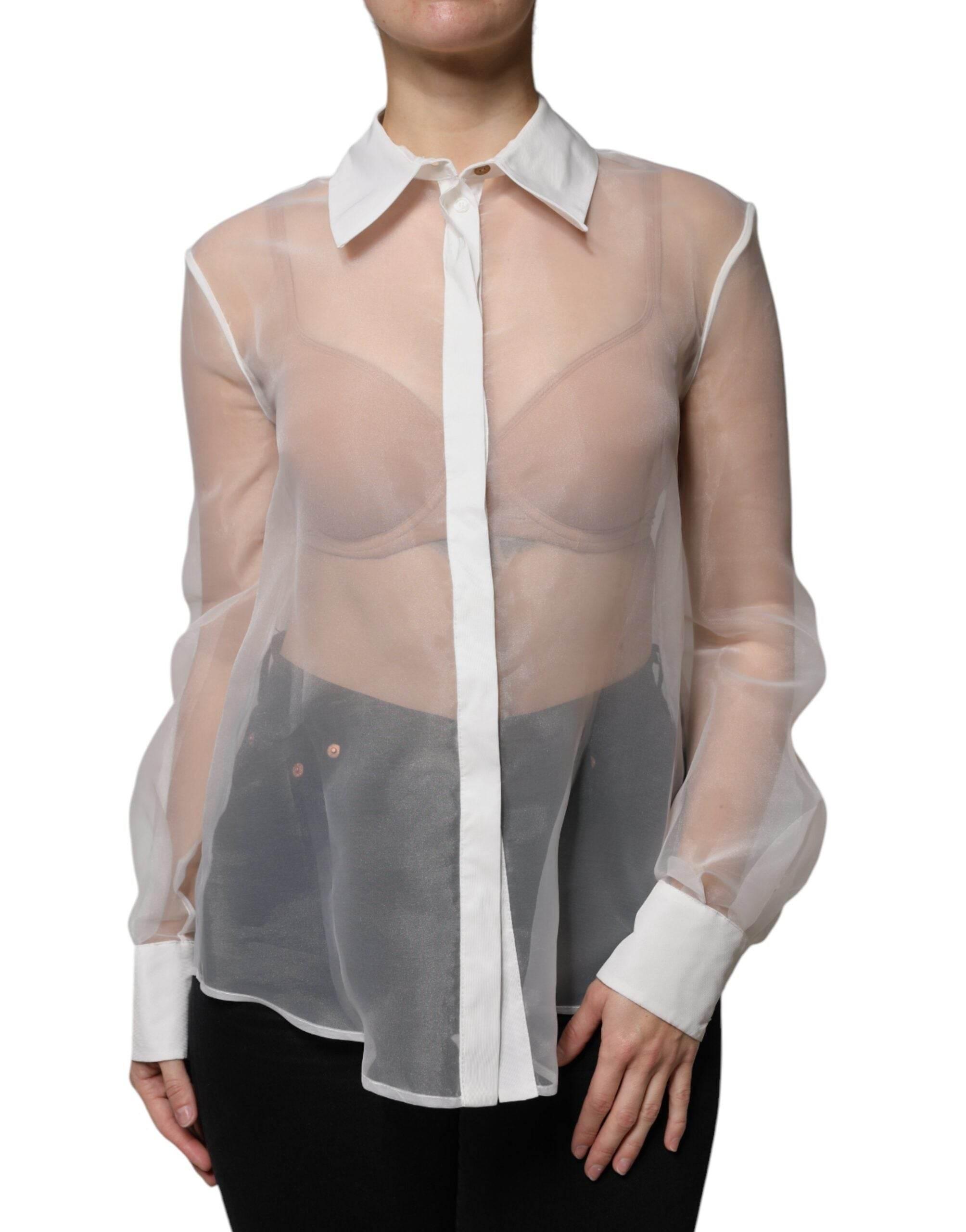 Elisabetta Franchi White Sheer Collared Buttoned Long Sleeves Top - Hilstor
