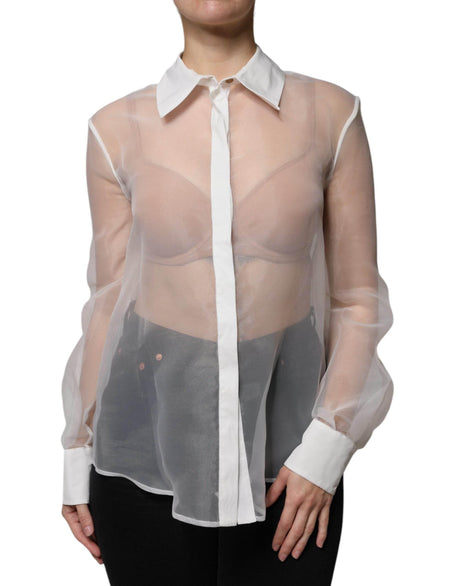 Elisabetta Franchi White Sheer Collared Buttoned Long Sleeves Top - Hilstor