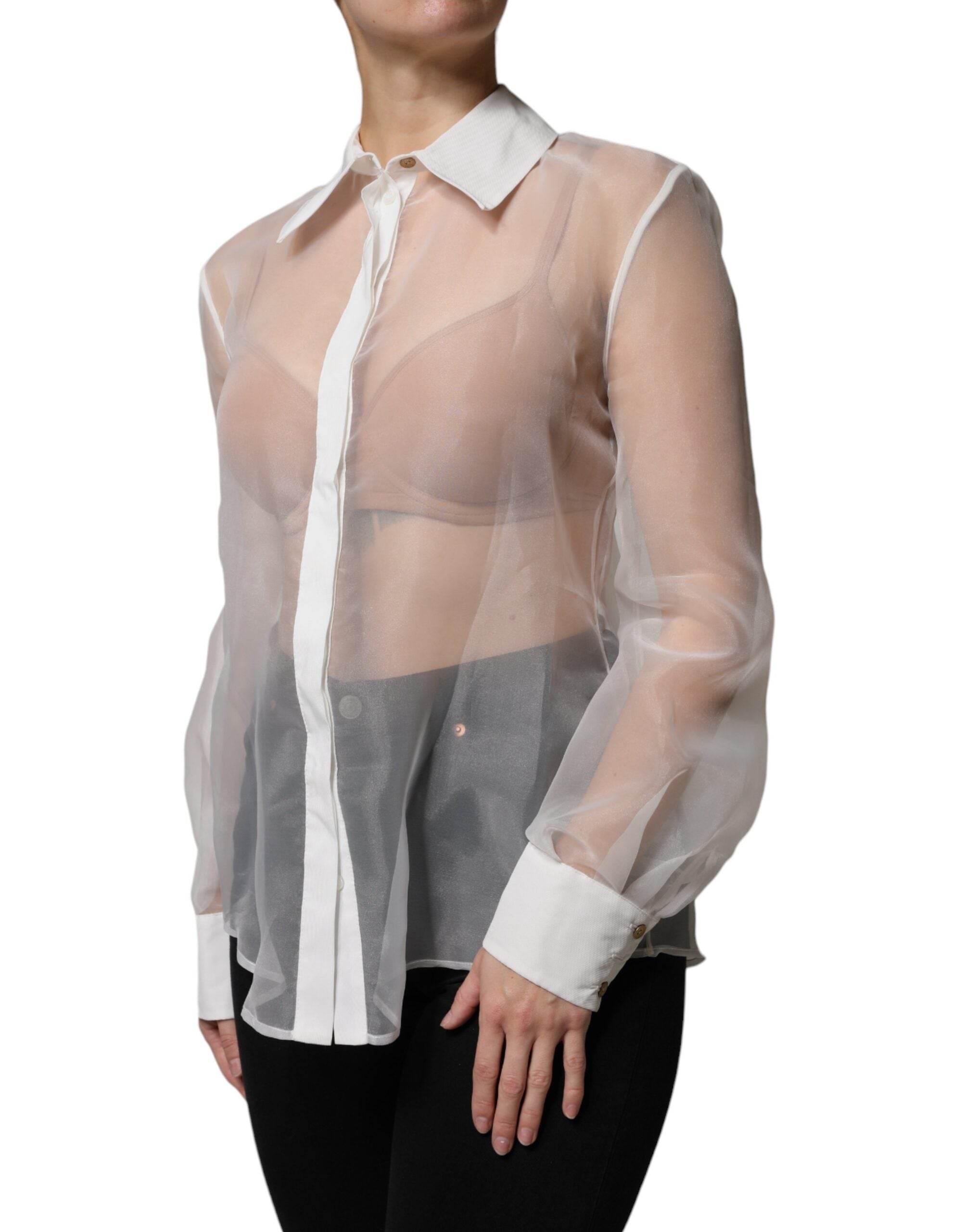Elisabetta Franchi White Sheer Collared Buttoned Long Sleeves Top - Hilstor