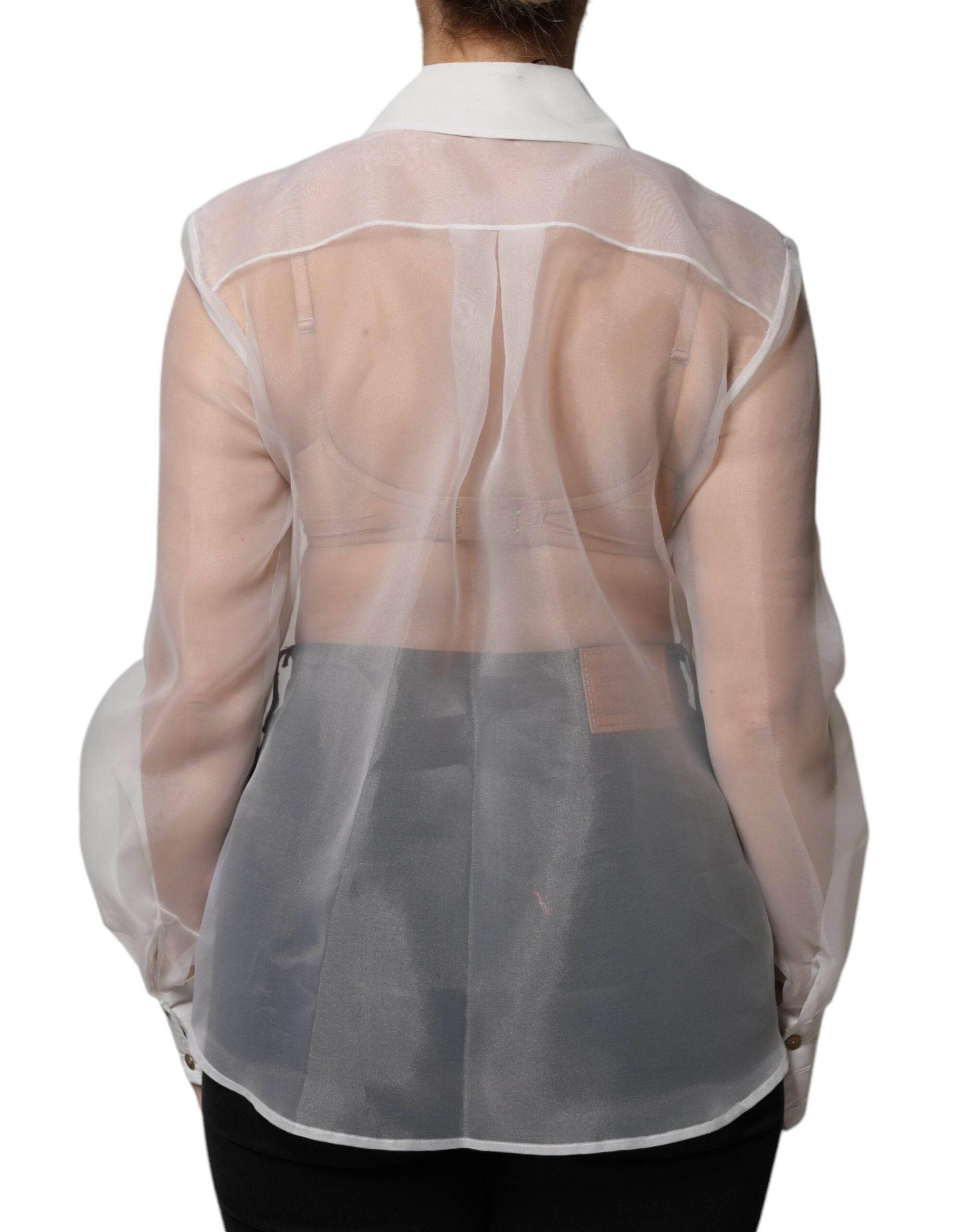 Elisabetta Franchi White Sheer Collared Buttoned Long Sleeves Top - Hilstor