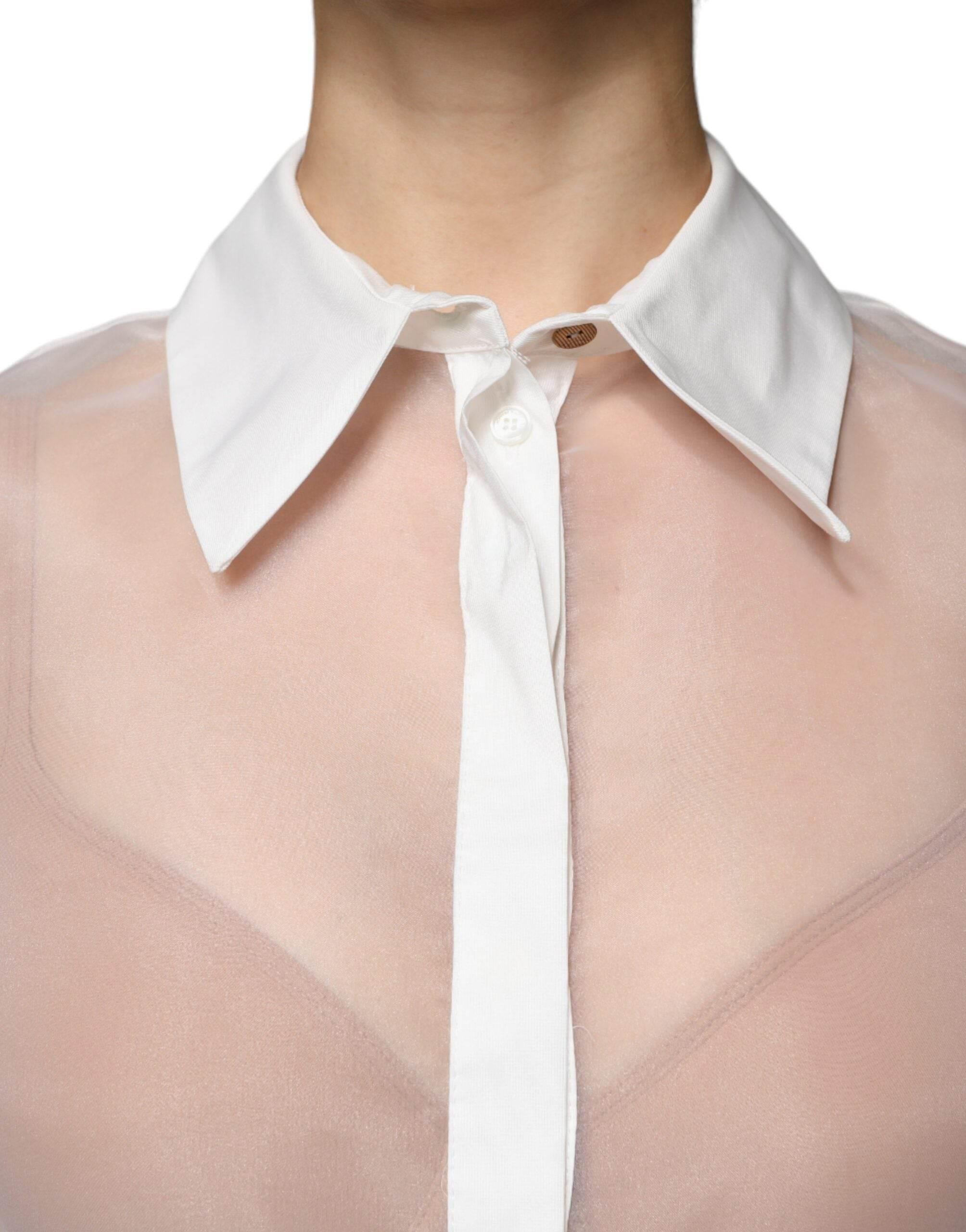 Elisabetta Franchi White Sheer Collared Buttoned Long Sleeves Top - Hilstor