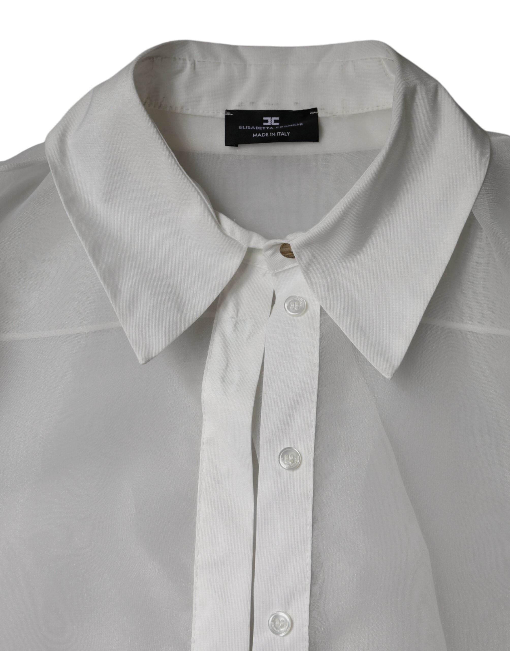Elisabetta Franchi White Sheer Collared Buttoned Long Sleeves Top - Hilstor