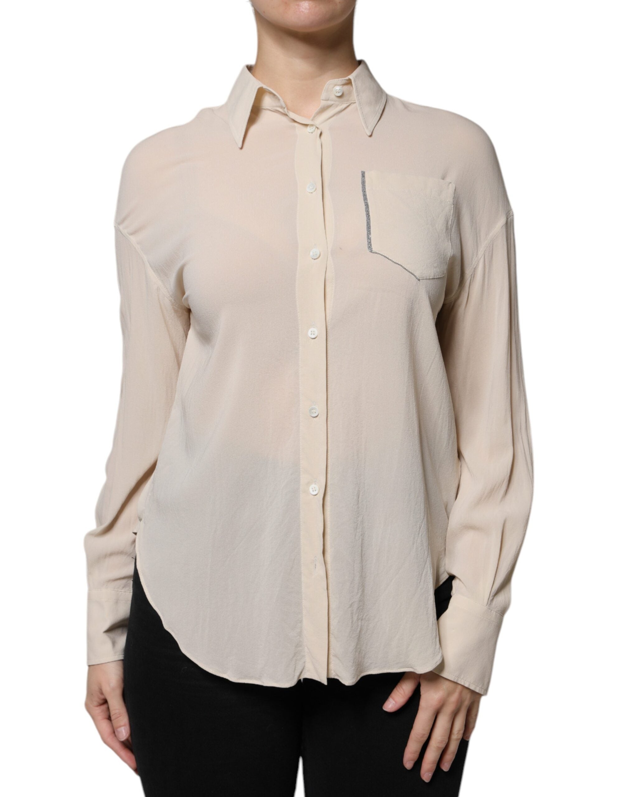 Brunello Cucinelli Beige Silke Blend Collared Button Down Top