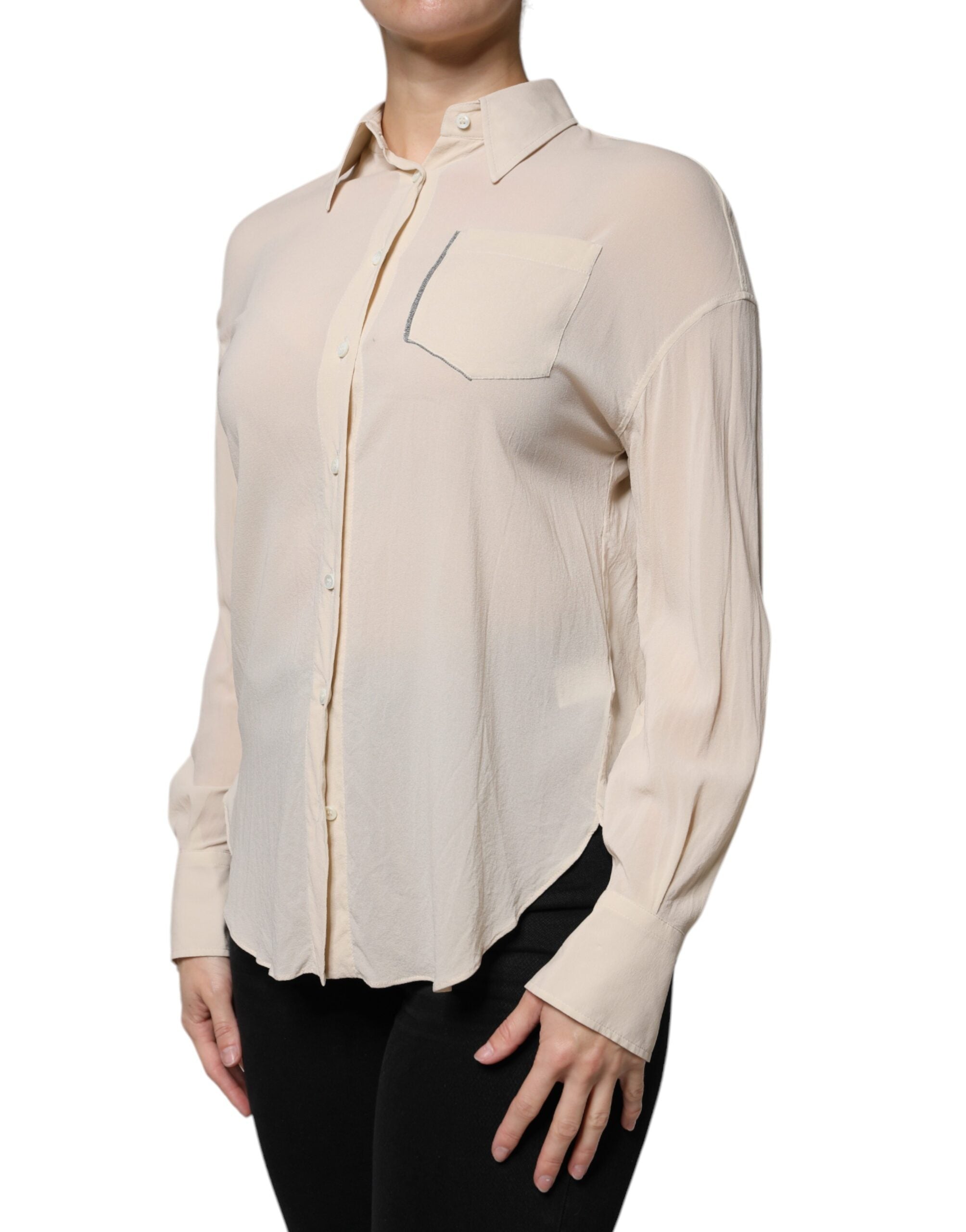Brunello Cucinelli Beige Silke Blend Collared Button Down Top