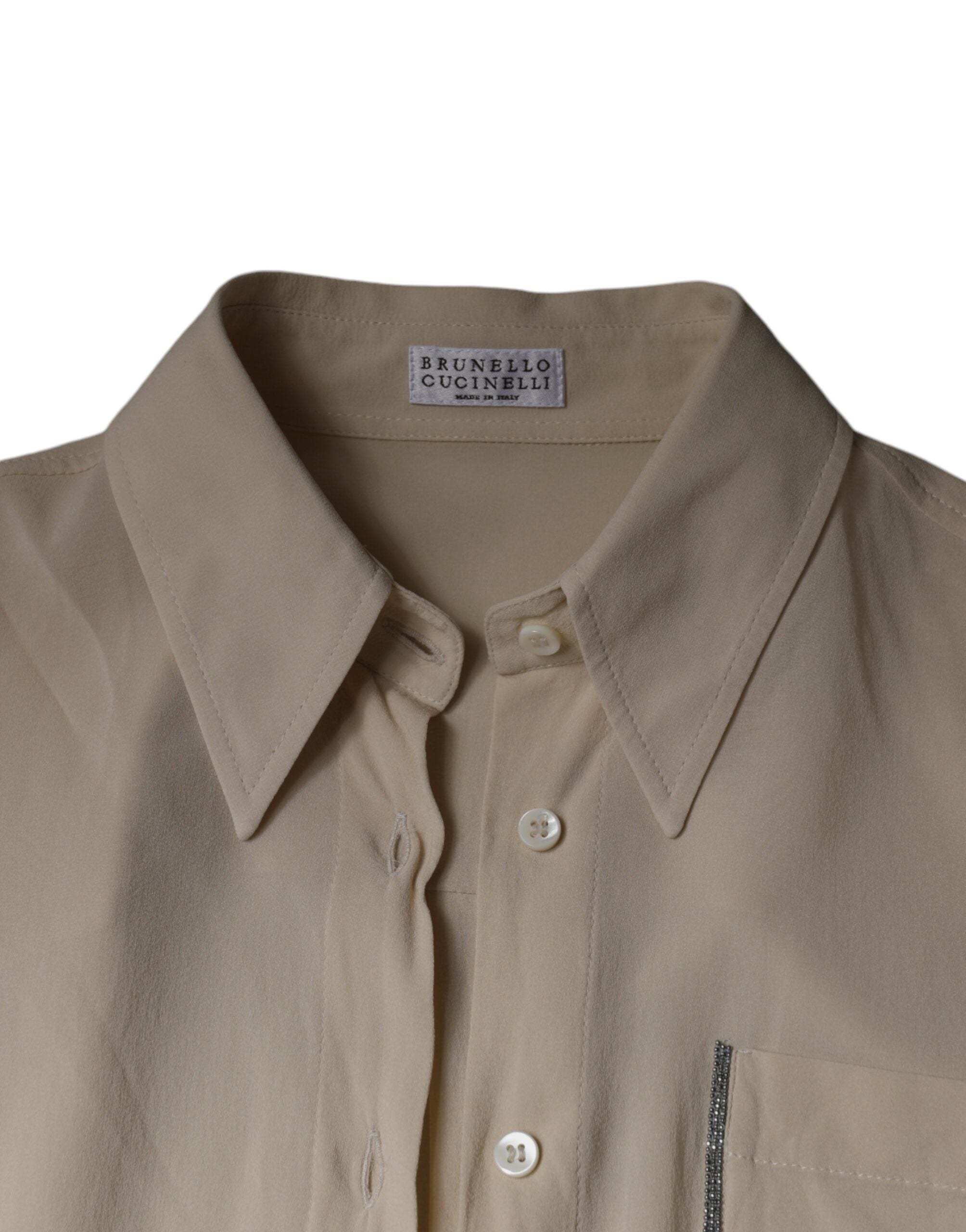 Brunello Cucinelli Beige Silke Blend Collared Button Down Top