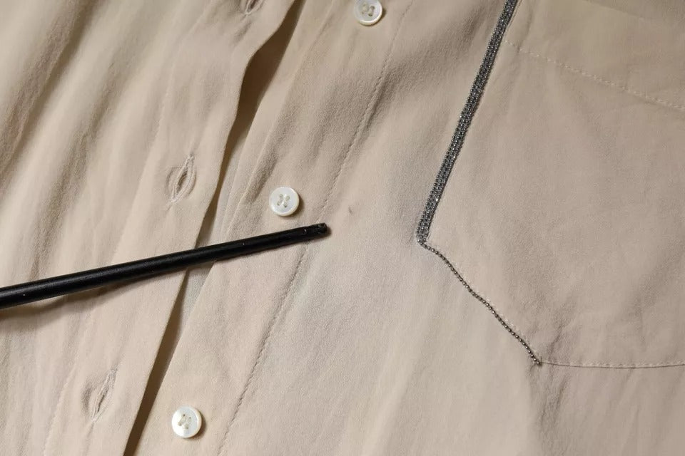 Brunello Cucinelli Beige Silke Blend Collared Button Down Top
