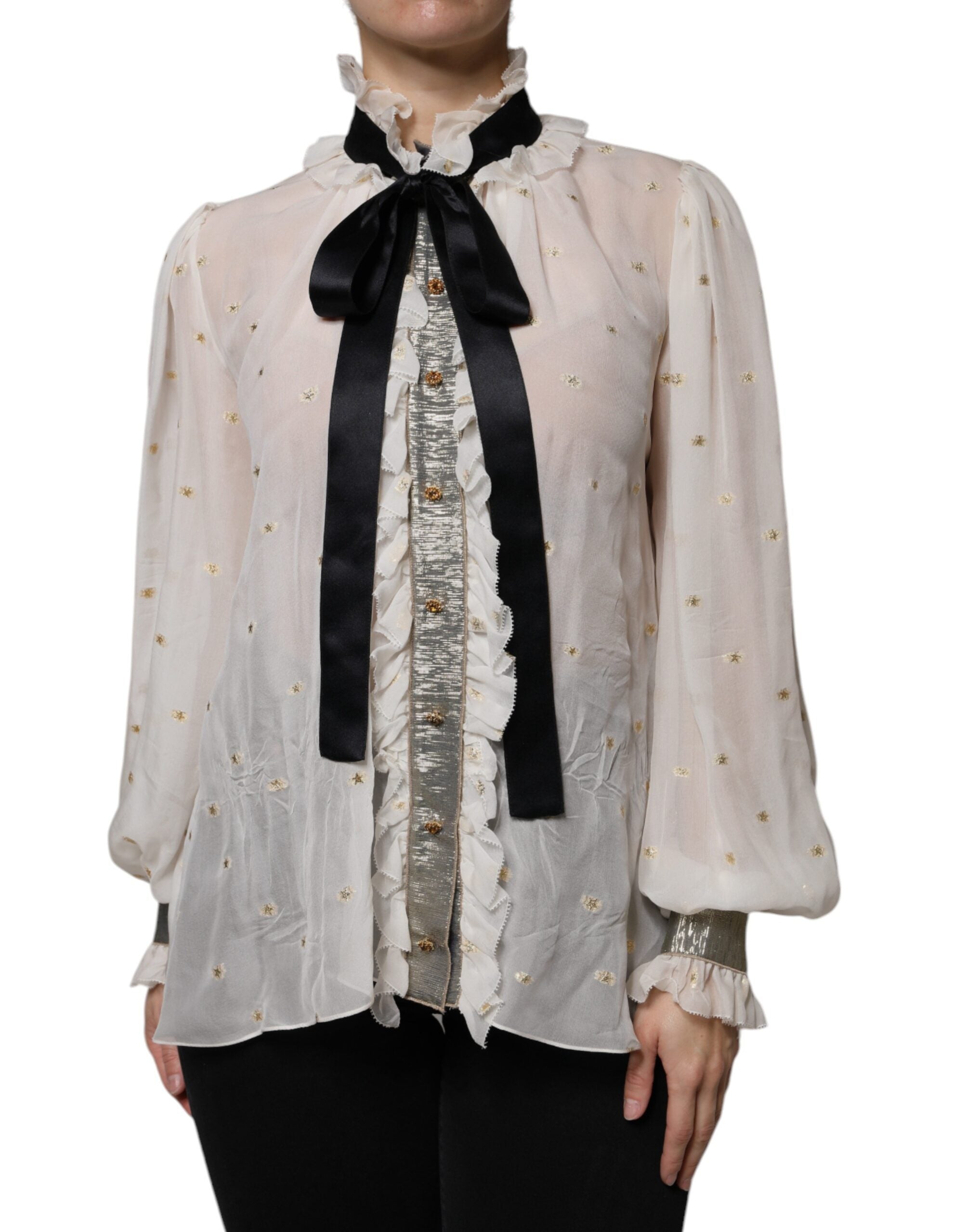 Dolce &amp; Gabbana Off White Silk Blend Ascot Collar Bluse Top
