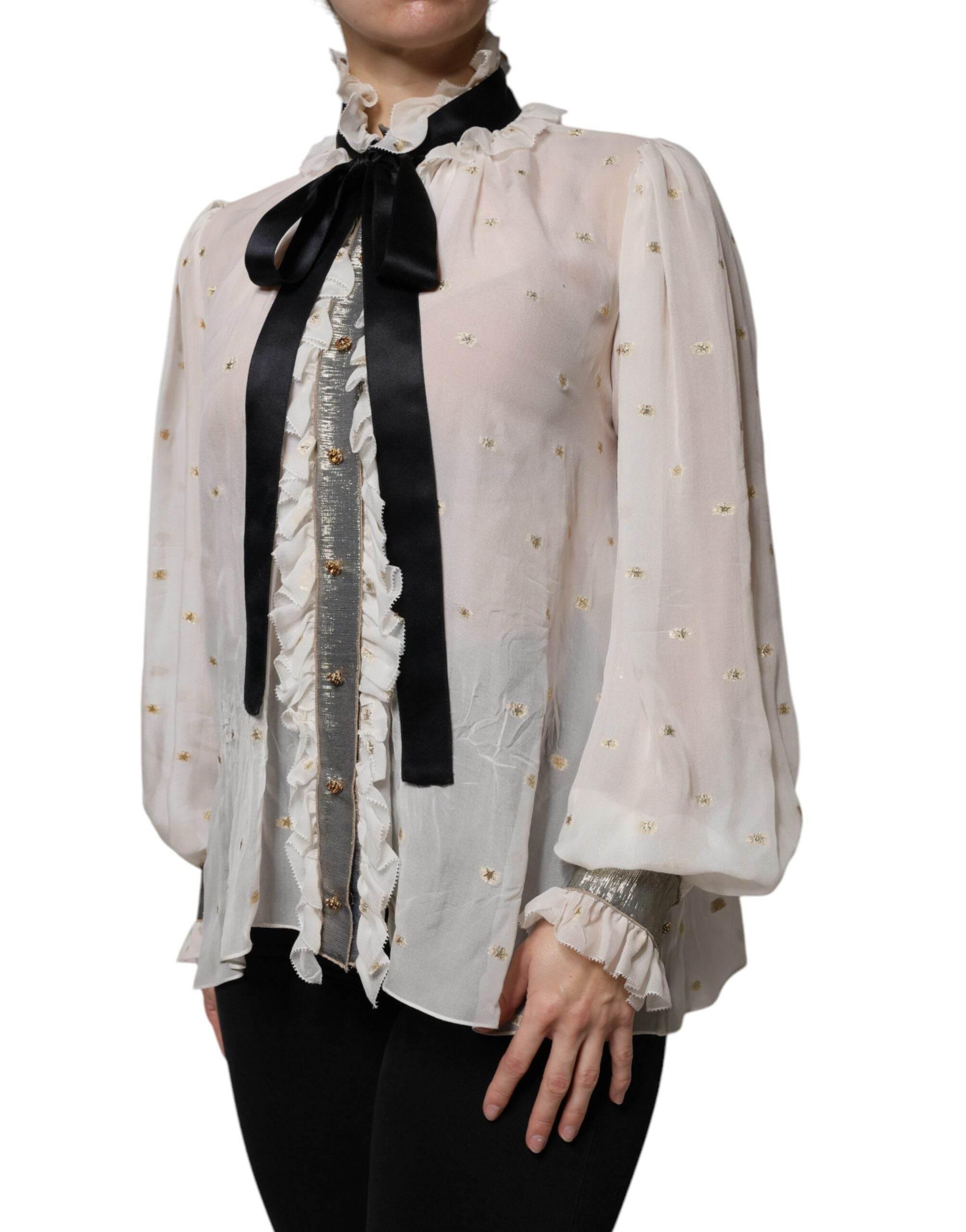Dolce & Gabbana Off White Silk Blend Ascot Collar Blouse Top - Hilstor