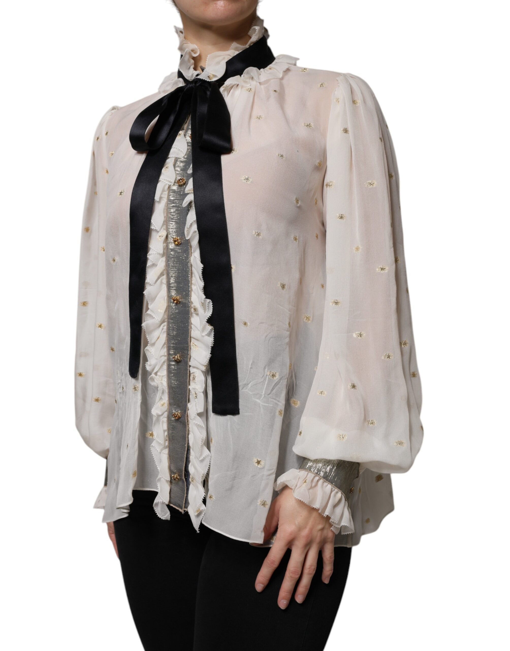 Dolce &amp; Gabbana Off White Silk Blend Ascot Collar Bluse Top