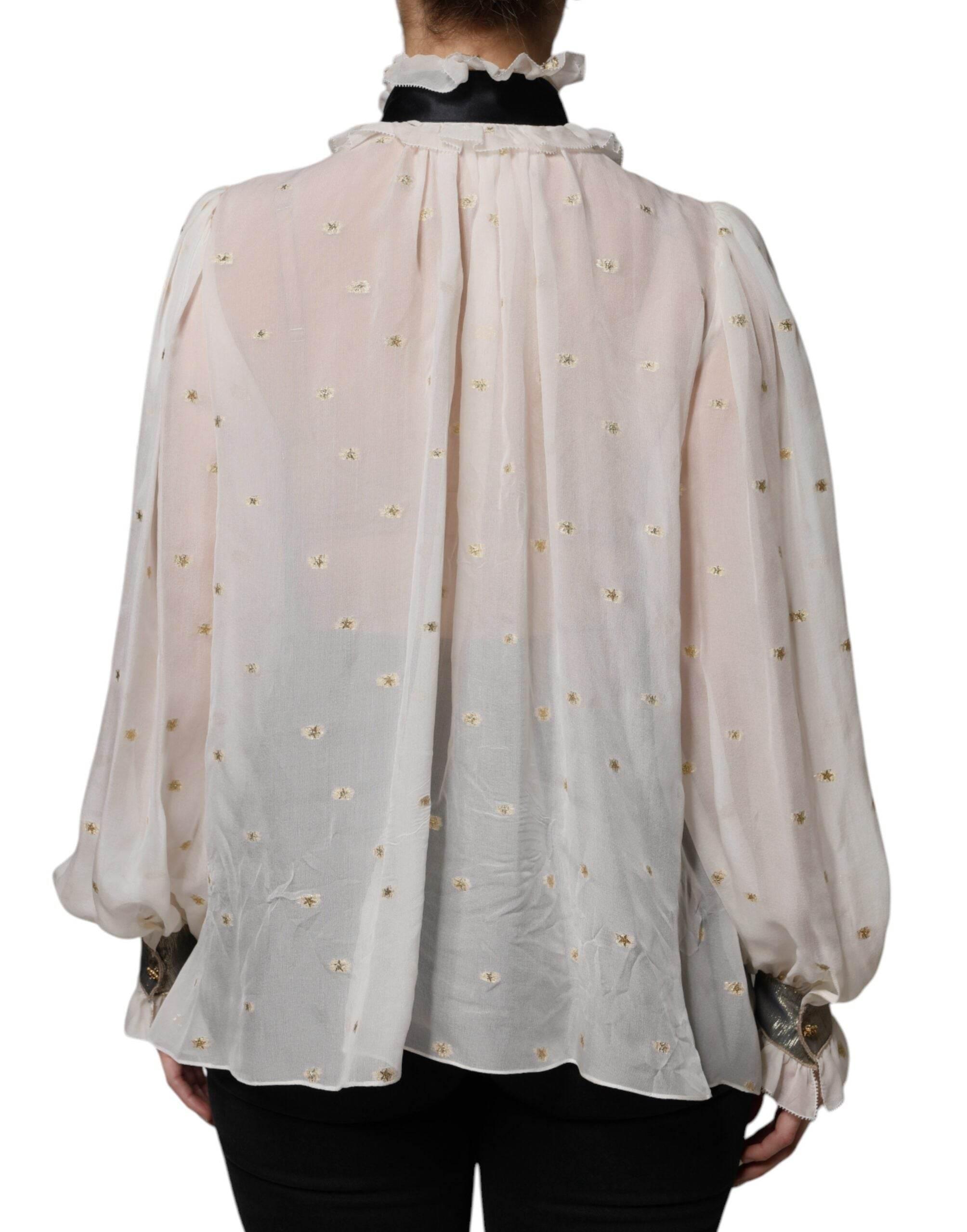 Dolce & Gabbana Off White Silk Blend Ascot Collar Blouse Top - Hilstor