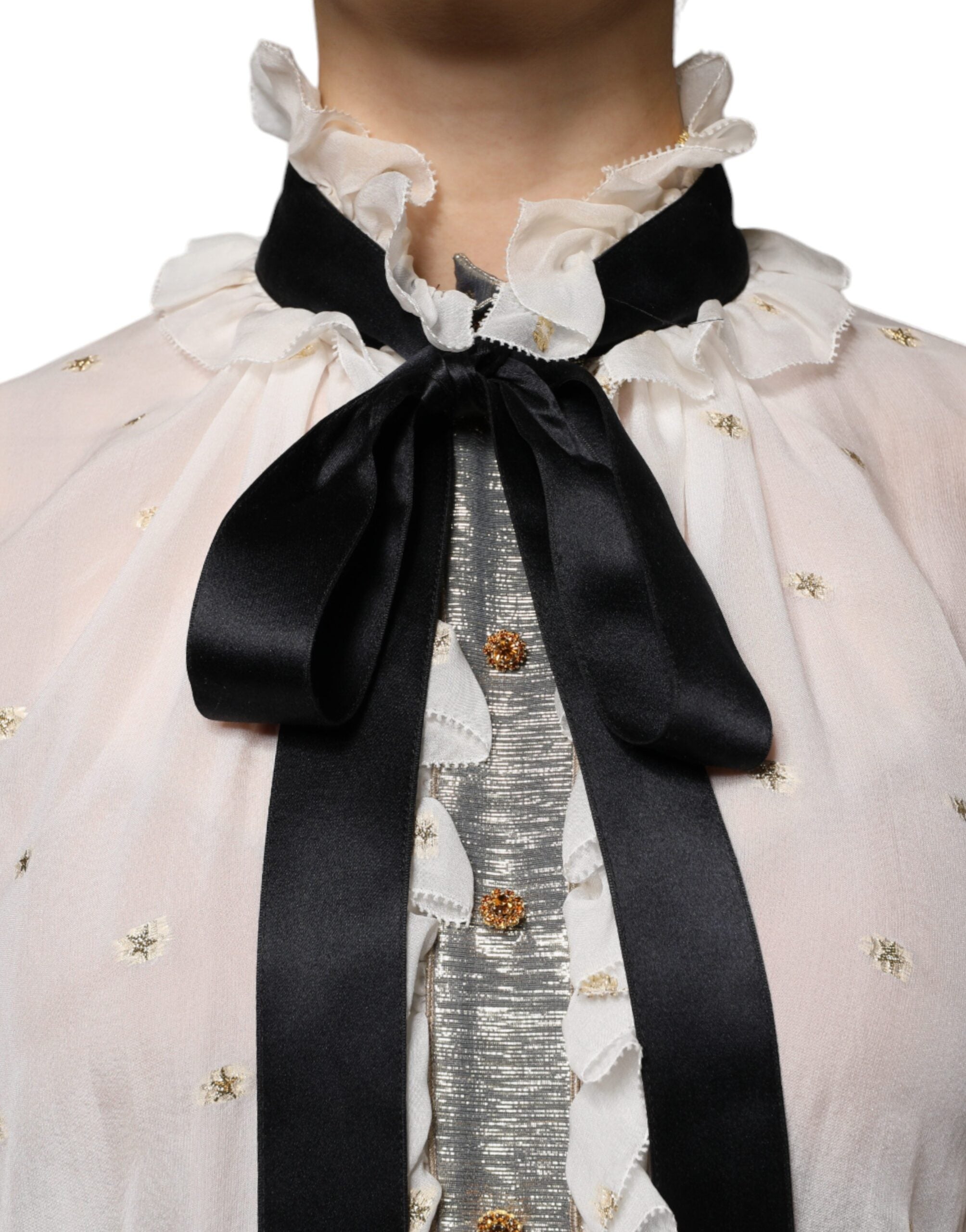 Dolce &amp; Gabbana Off White Silk Blend Ascot Collar Bluse Top