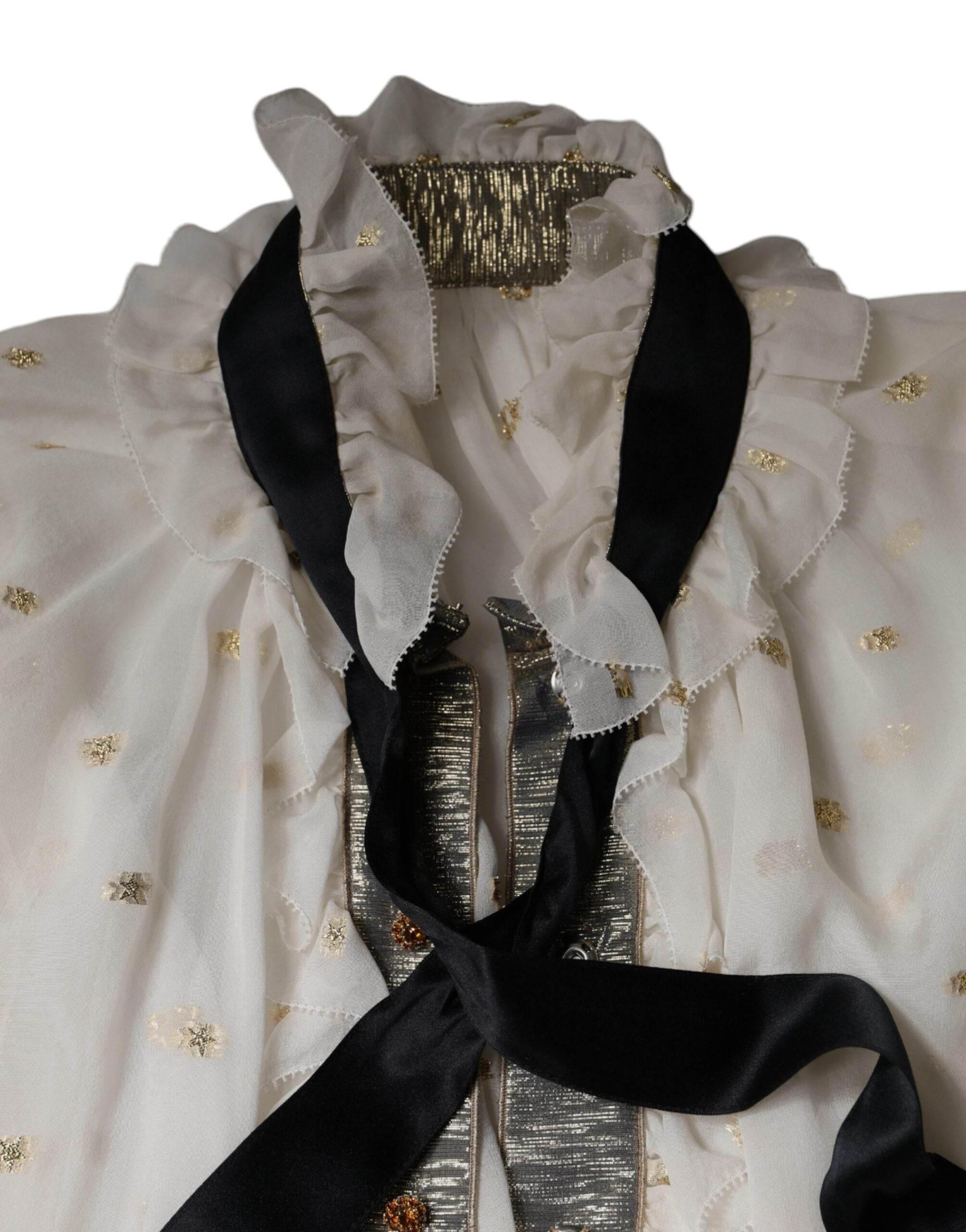 Dolce & Gabbana Off White Silk Blend Ascot Collar Blouse Top - Hilstor