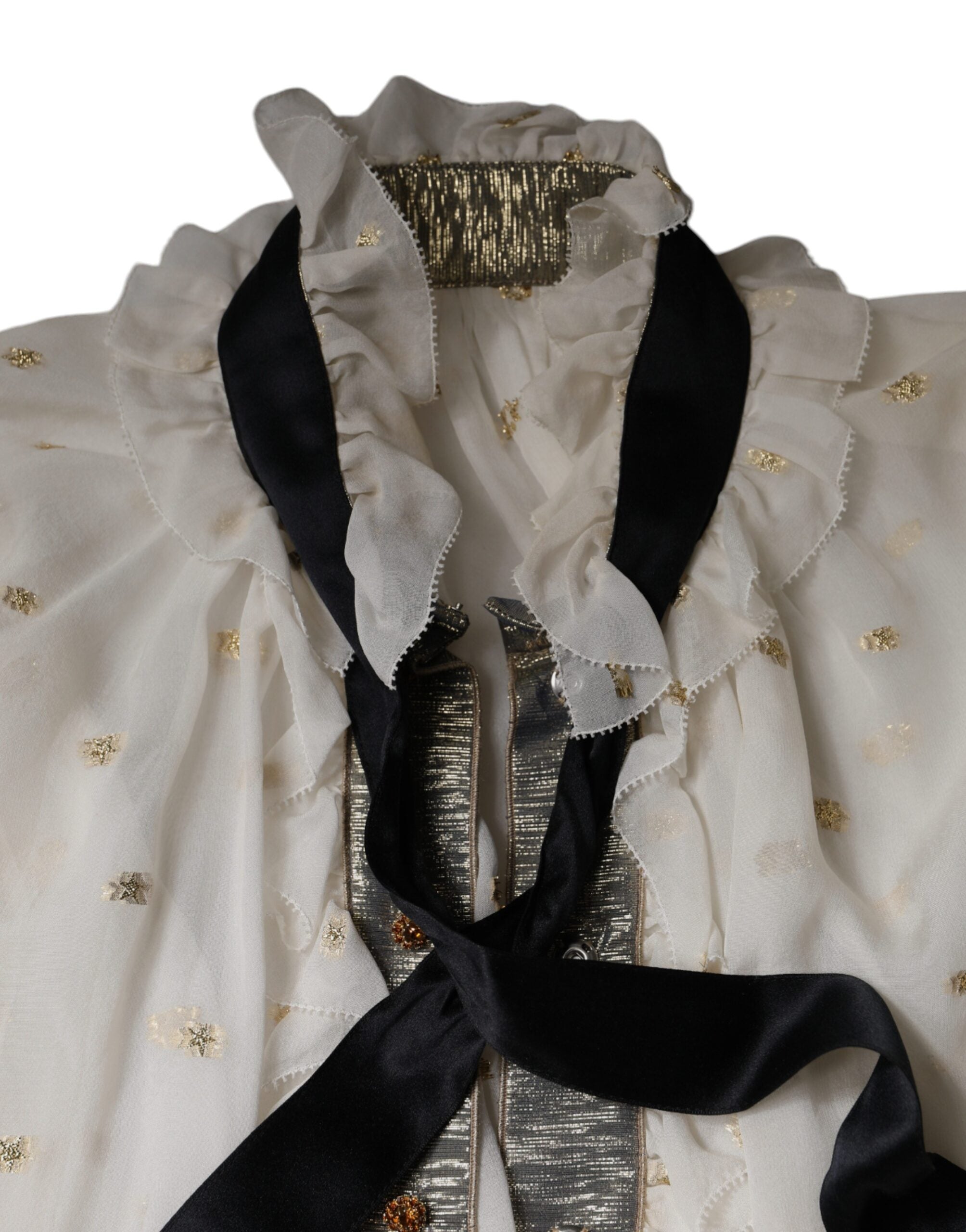 Dolce &amp; Gabbana Off White Silk Blend Ascot Collar Bluse Top