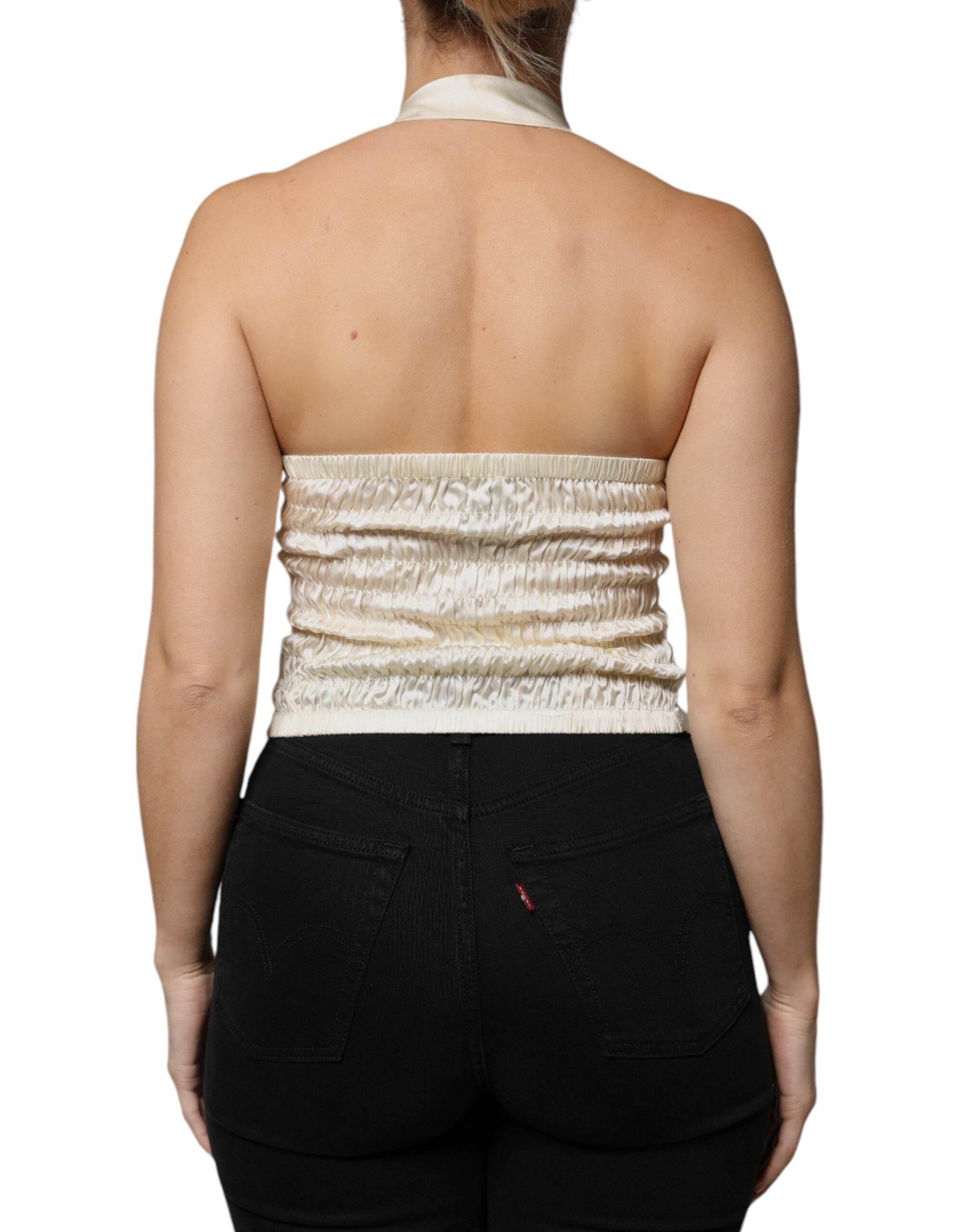 L'Autre Chose Off White Silk Sleeveless Buttoned Halter Top - Hilstor