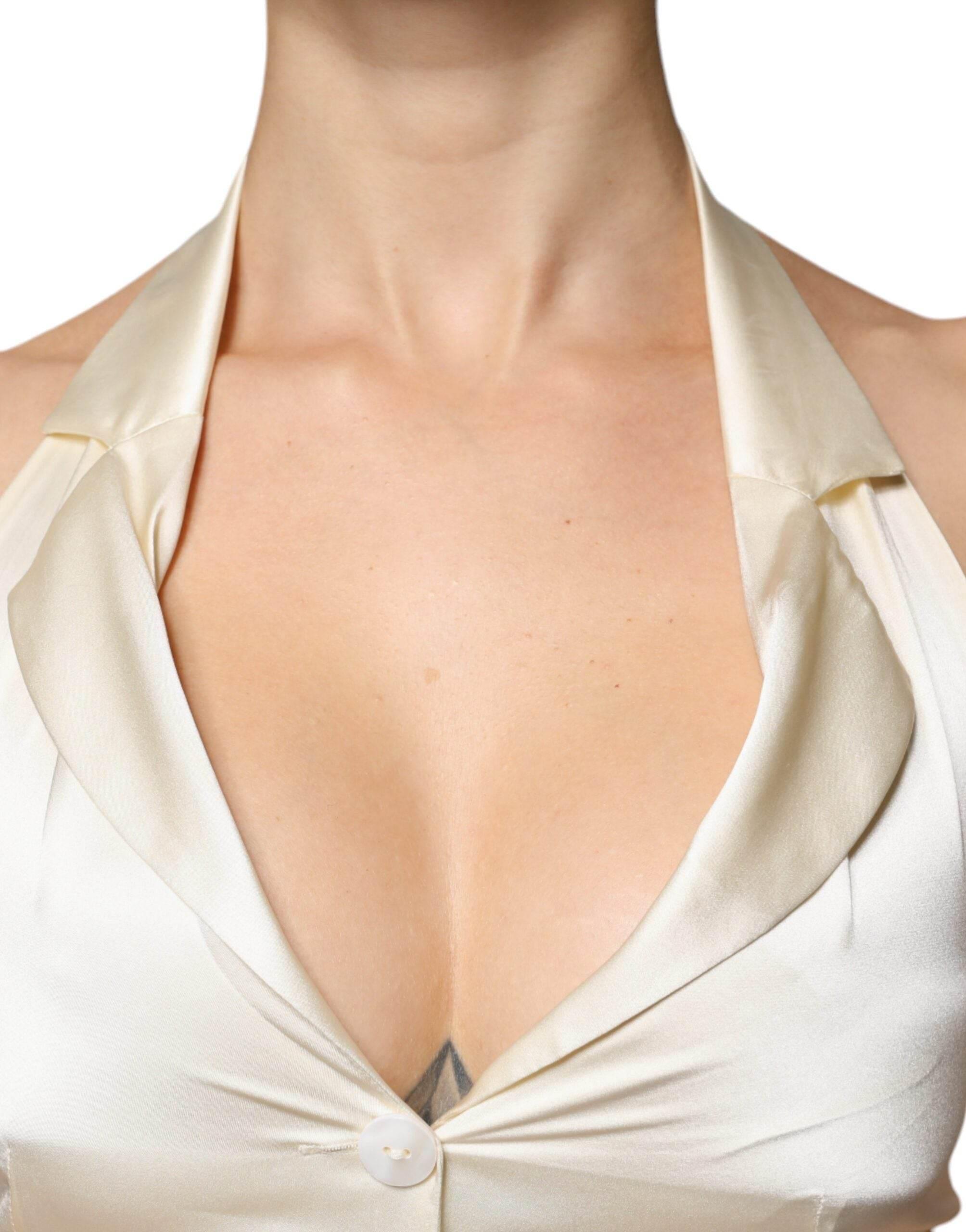 L'Autre Chose Off White Silk Sleeveless Buttoned Halter Top - Hilstor