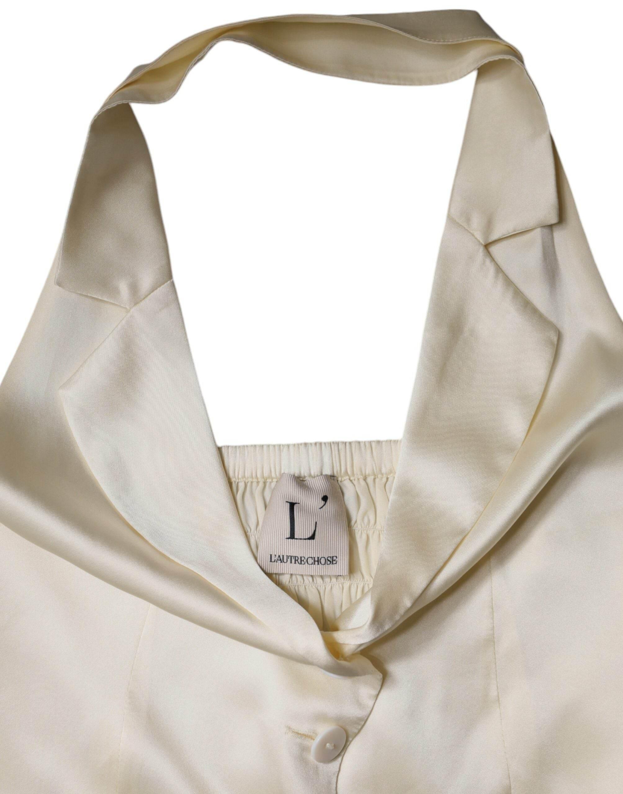 L'Autre Chose Off White Silk Sleeveless Buttoned Halter Top - Hilstor